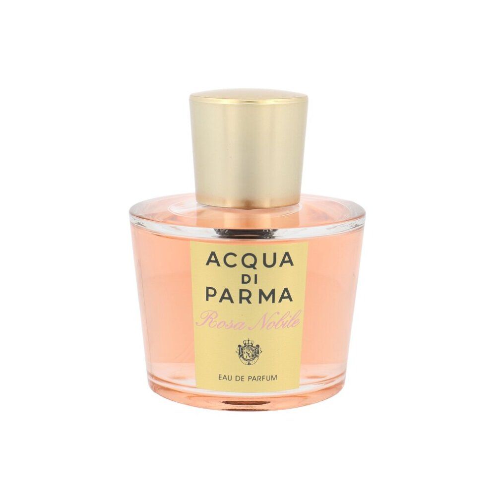 Glasflakon mit goldfarbenem Verschluss. Aufschrift: ACQUA DI PARMA Rosa Nobile. Eau de Parfum.