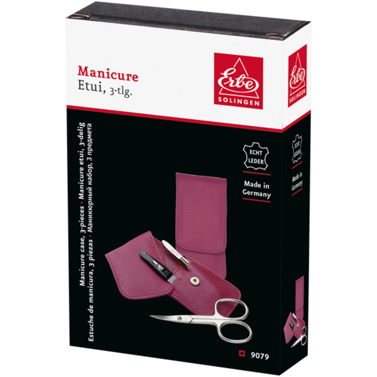 Verpackung mit Maniküre-Etui, 3-teilig. Enthält Etui, Nagelschere, Feile und Pinzette. Marke: Erbe Solingen. Echtes Leder.