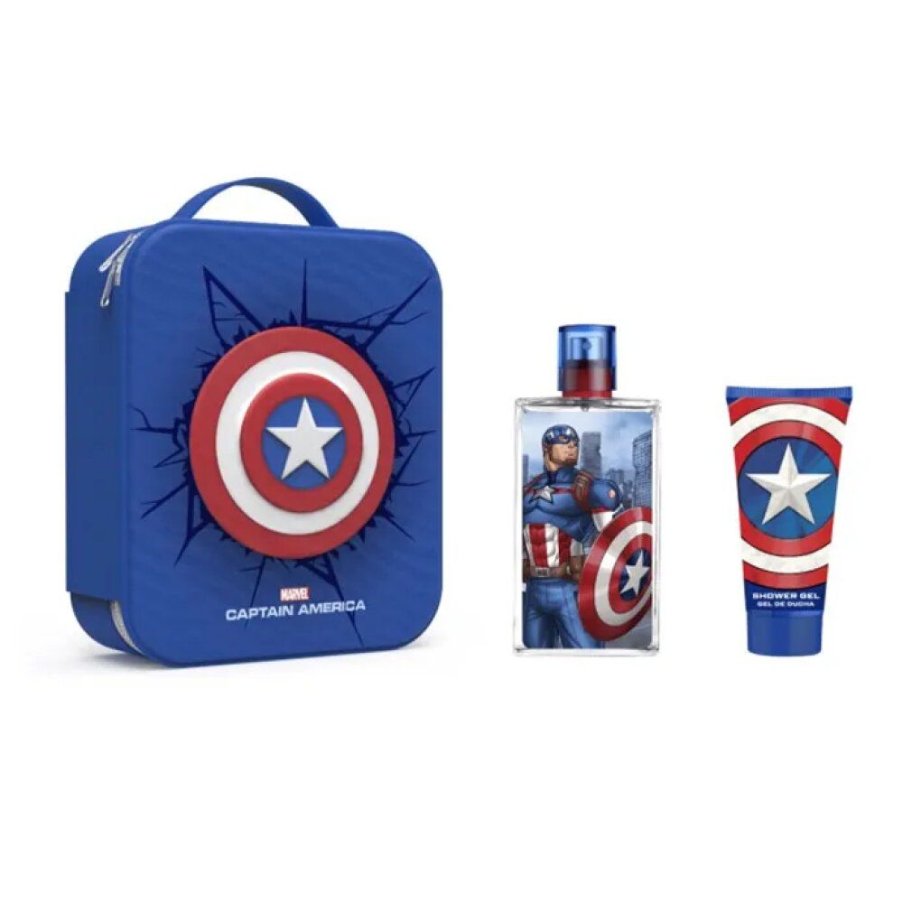 Blaues Set mit Tasche, Flakon und Duschgel. Captain America-Design mit Schild-Motiv. Marvel-Logo.
