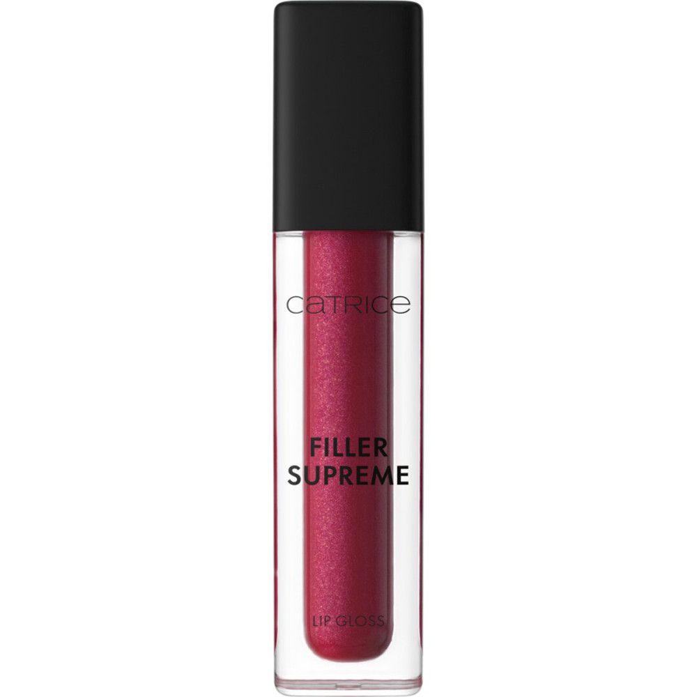 Transparente Lipgloss-Tube mit rotem Inhalt. Auf der Tube steht "Catrice Filler Supreme Lip Gloss". Schwarzer Deckel.