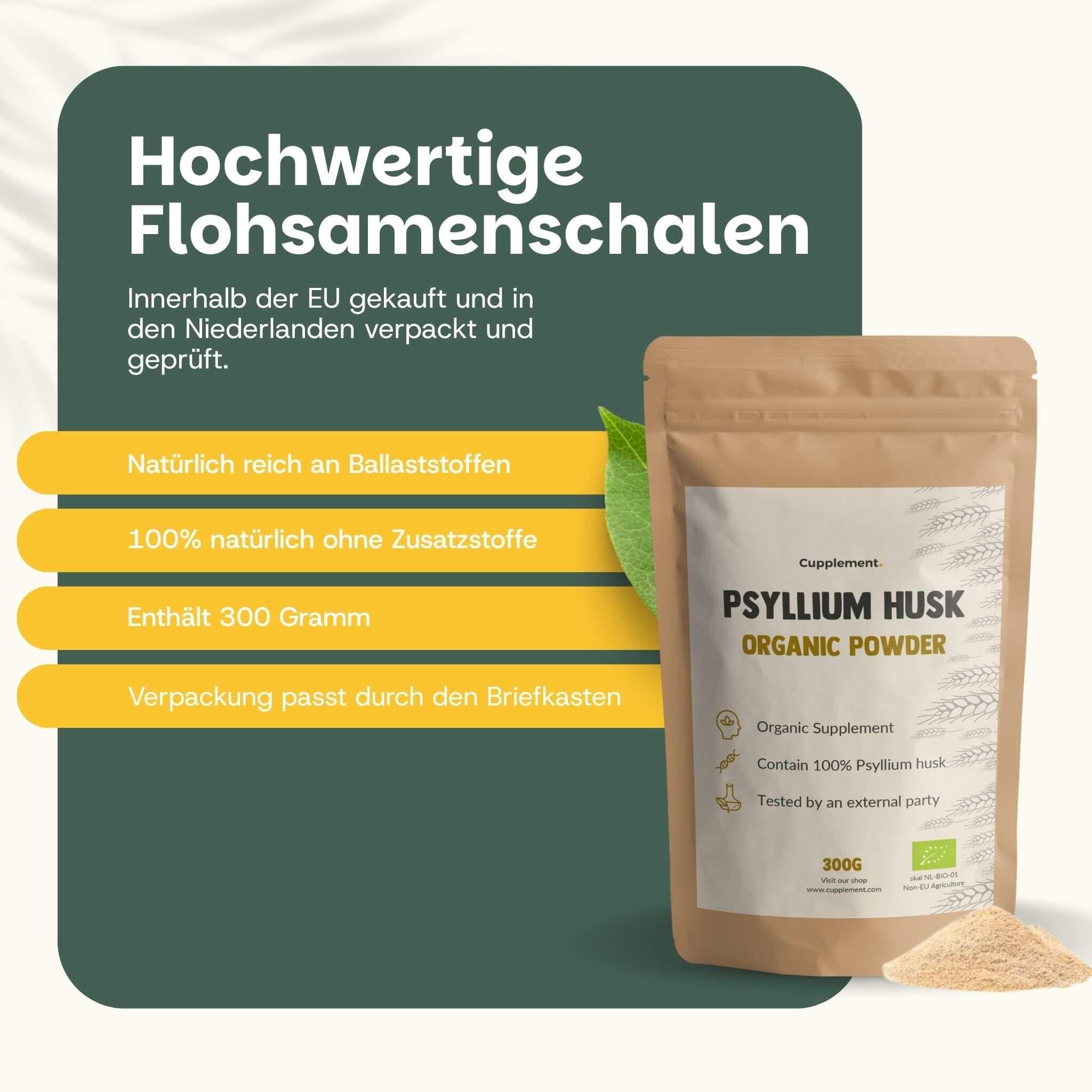 Text: Hochwertige Flohsamenschalen. Frau mit Bauch. 100% rein, ohne Zusätze. Laborgetestet. Gelbe Checkmark-Symbole.