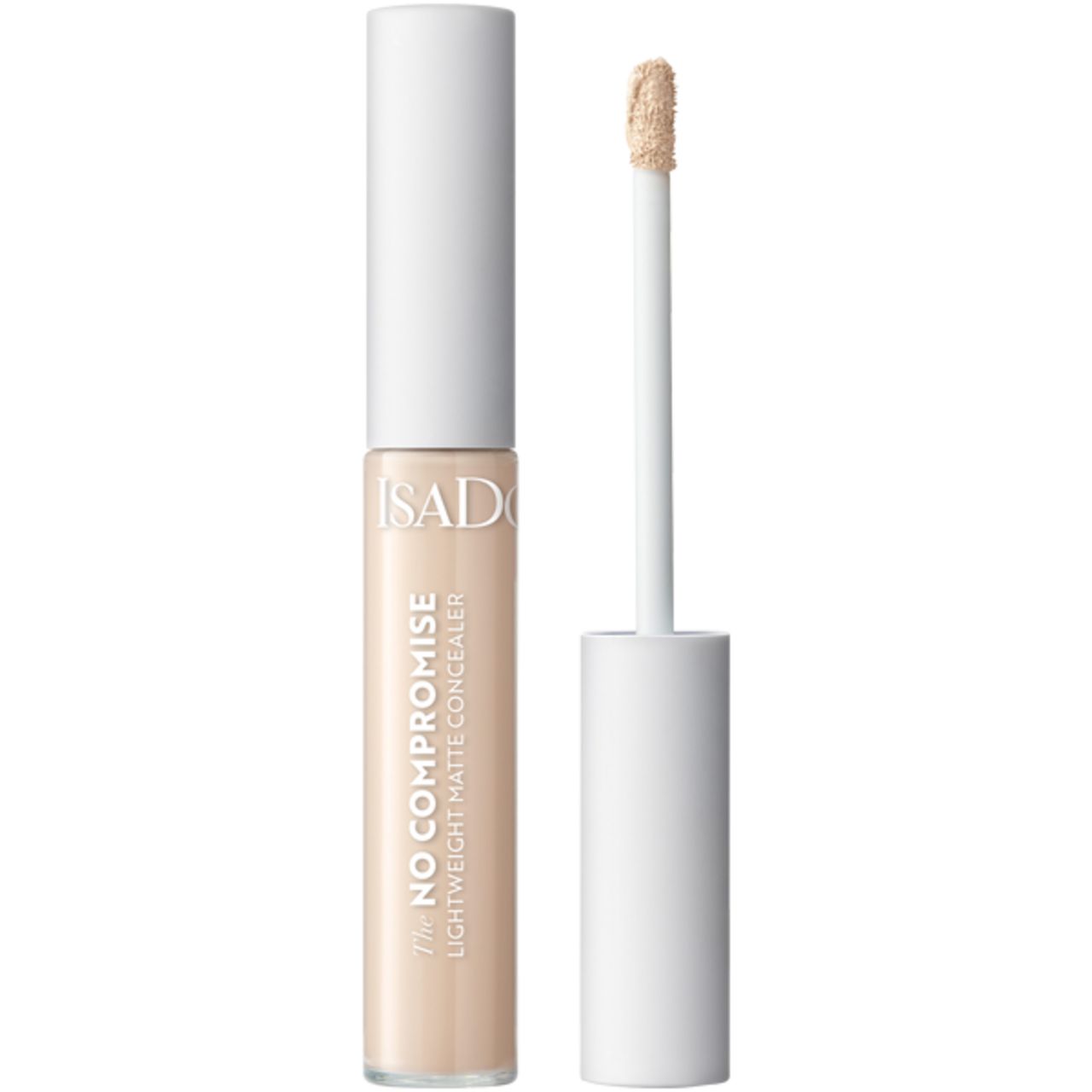 Concealer-Tube mit weißem Deckel und Applikator. Aufschrift: IsaDora, No Compromise, Lightweight Matte Concealer.