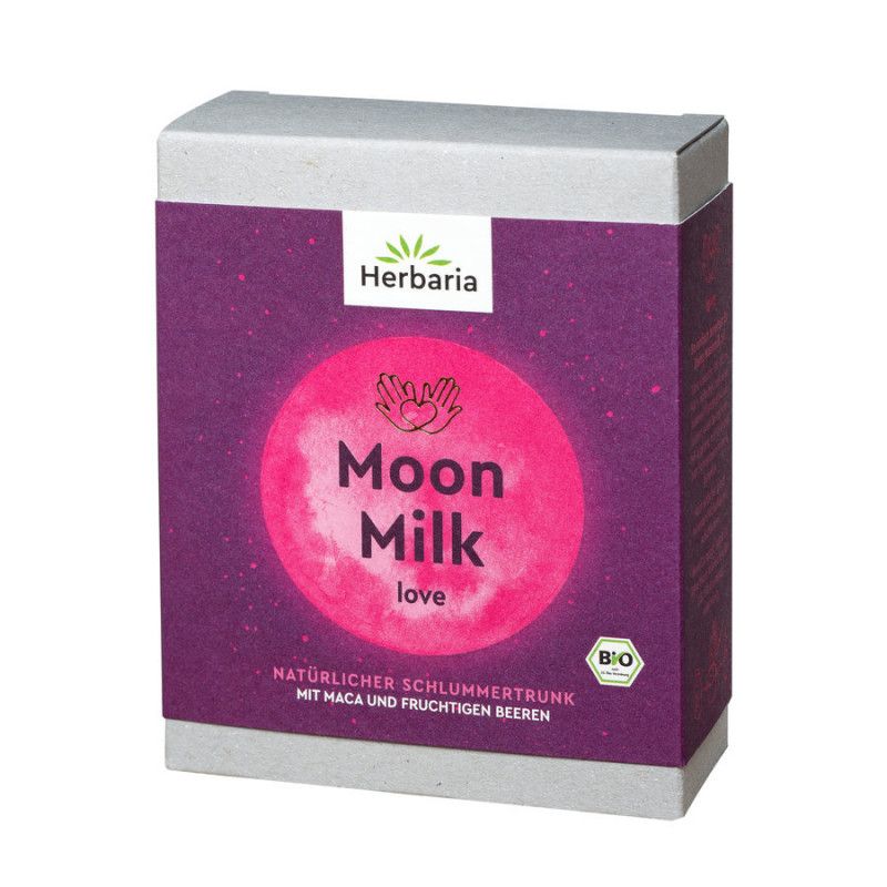 Kartonverpackung mit lila Vorderseite. Logo Herbaria, Schriftzug Moon Milk love. Bio-Siegel.