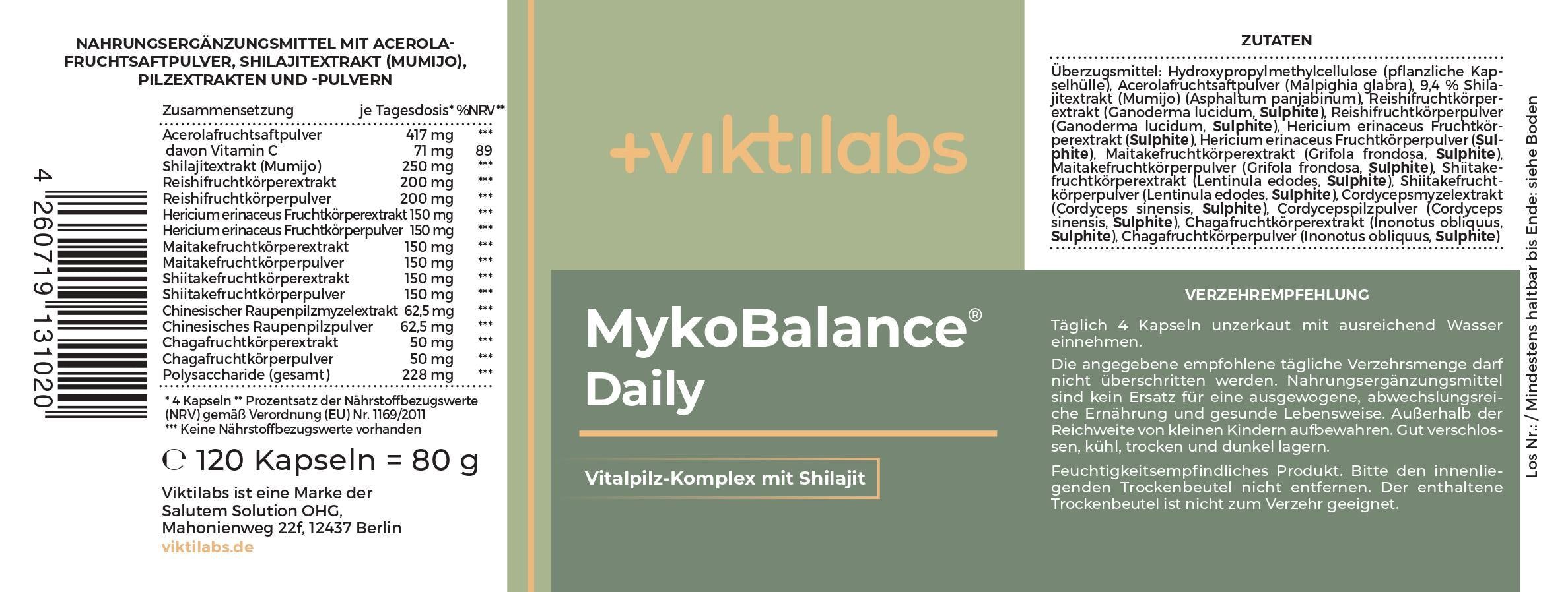 Etikett mit Inhaltsstoffen und Anwendungshinweisen für Viktilabs MykoBalance Daily.