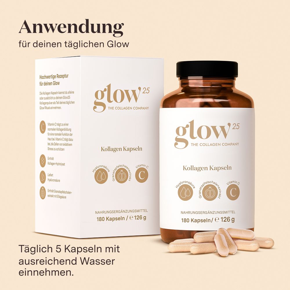 Weiße Schachtel und braune Flasche mit Kapseln. Aufschrift: Glow25 Kollagen Kapseln. Enthält Hyaluronsäure und Vitamin C. 180 Kapseln.