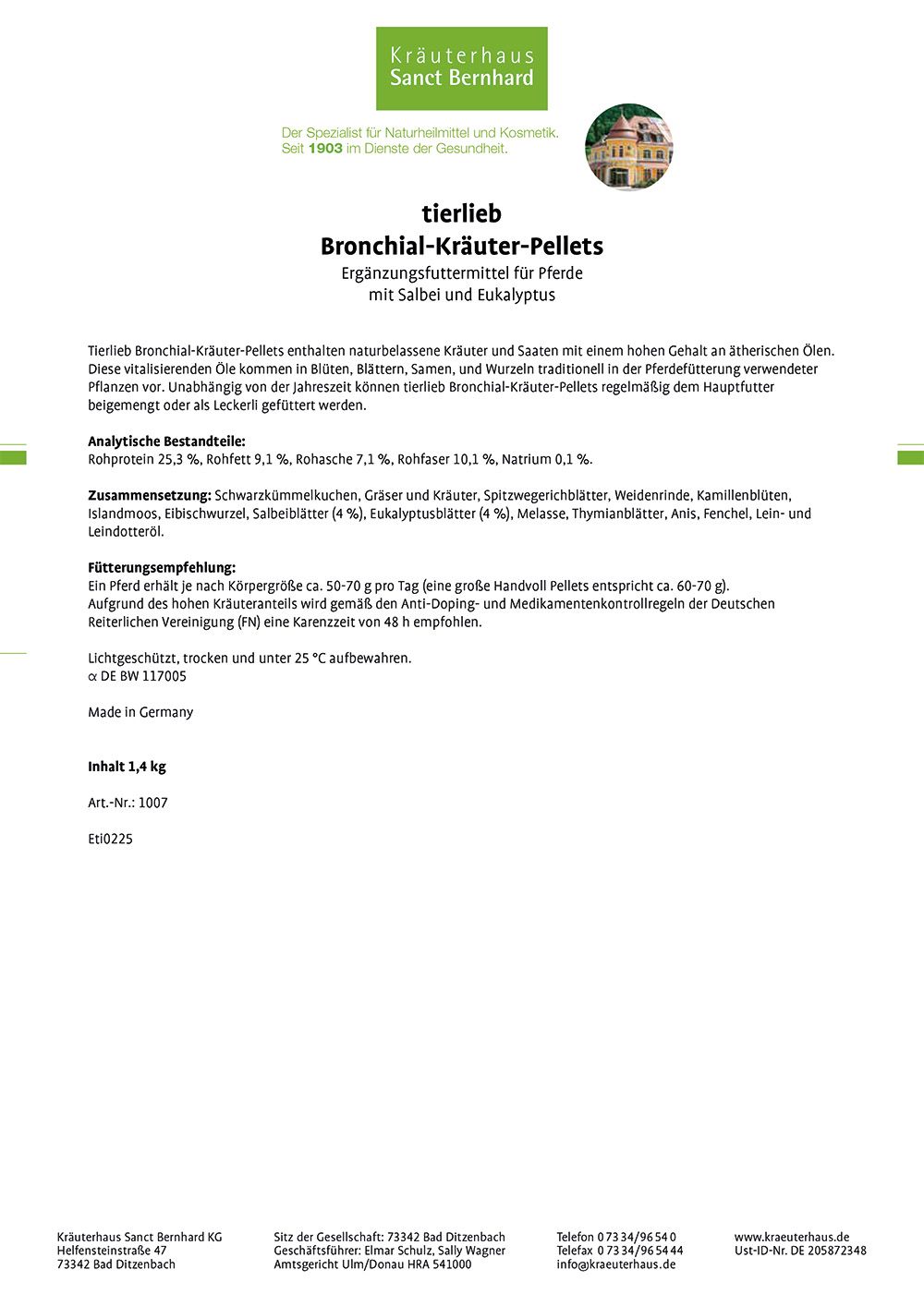 Produktinformationen auf weißem Hintergrund. Text mit Inhaltsstoffen, Fütterungsempfehlung und Herstellerangaben.