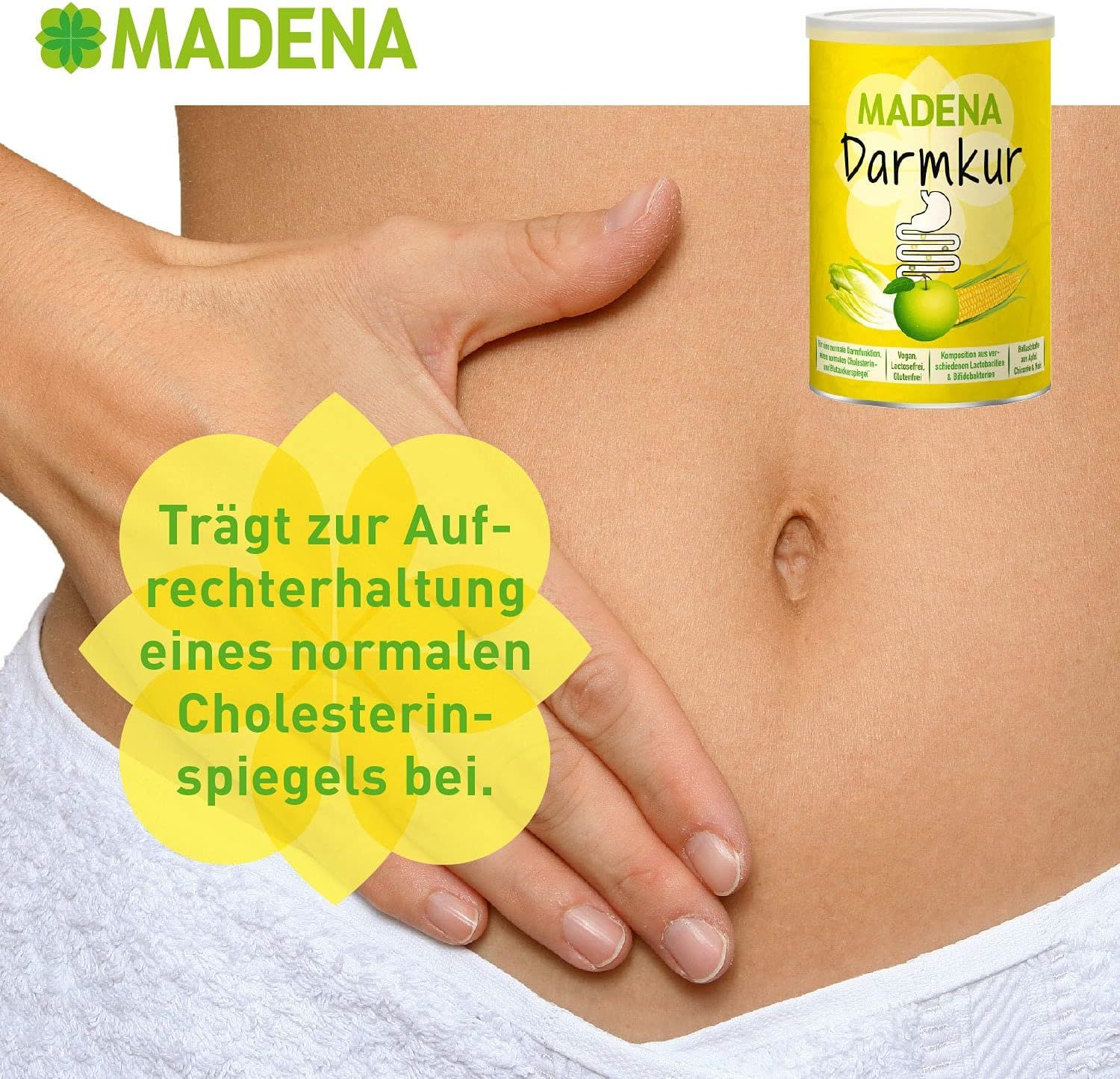 Frau hält Hände auf Bauch. Dose MADENA Darmkur im Hintergrund. Gelber Hintergrund mit Text: Trägt zur Aufrechterhaltung eines normalen Cholesterinspiegels bei.