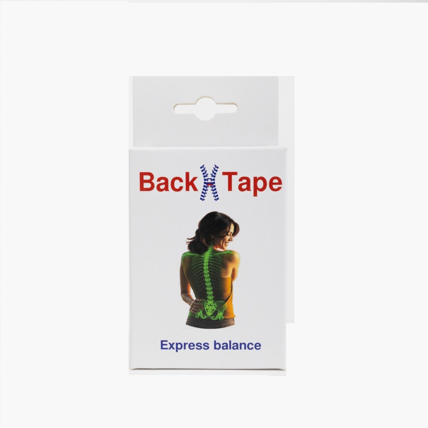 Verpackung von Back Tape. Weißer Karton mit Produktname und Abbildung einer Frau mit Wirbelsäule. Aufschrift: Express balance.