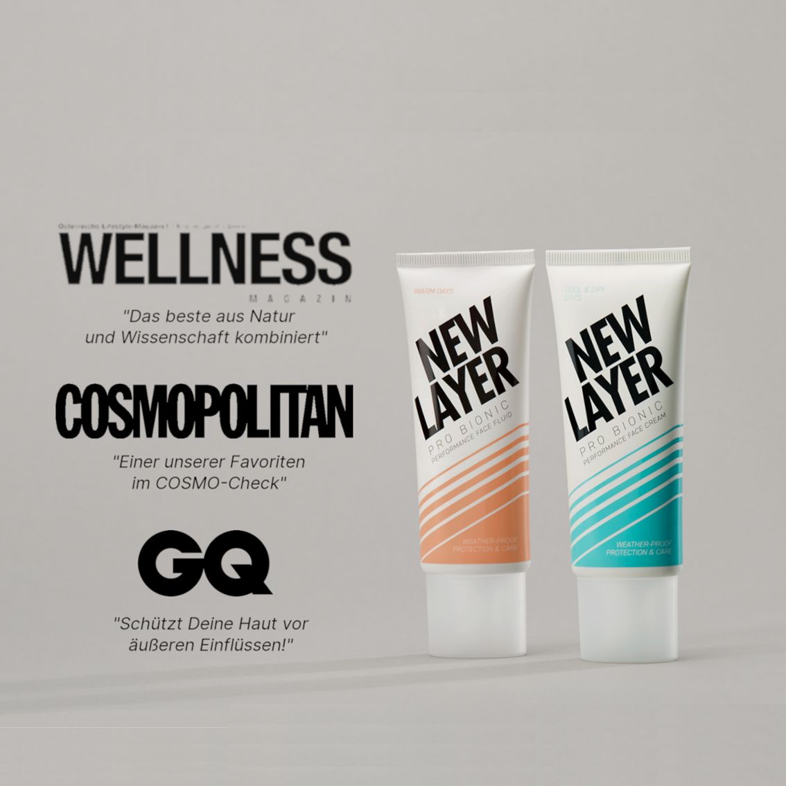 Zwei Gesichtsfluid-Tuben. Weiß, orangefarbene Streifen und schwarzer Schriftzug: NEW LAYER Pro Bionic Performance Face Fluid. Magazine im Hintergrund.