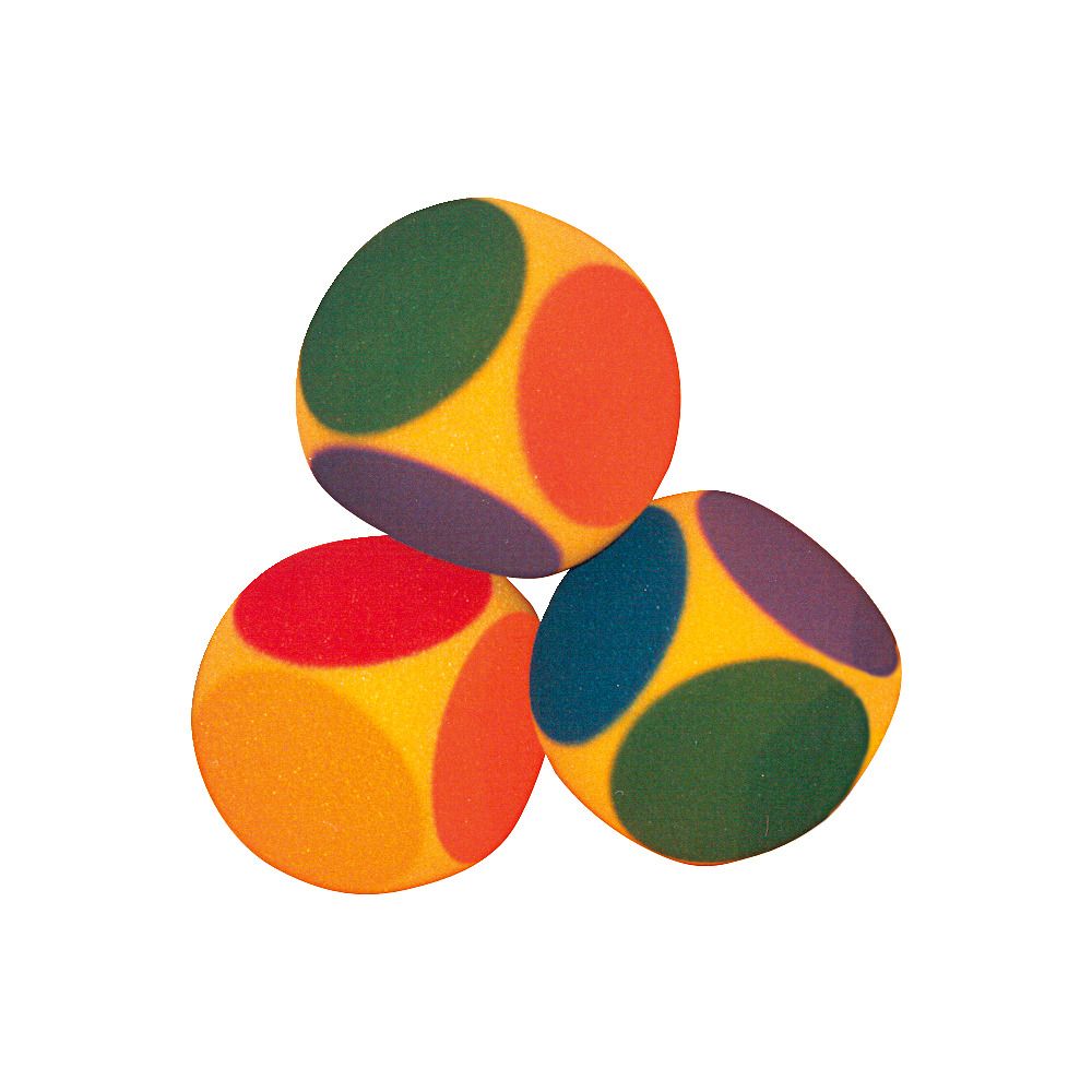Drei farbige Schaumstoffwürfel mit abgerundeten Kanten. Jede Seite ist mit einem farbigen Kreis versehen. Farben: Gelb, Grün, Orange, Rot, Lila und Blau.