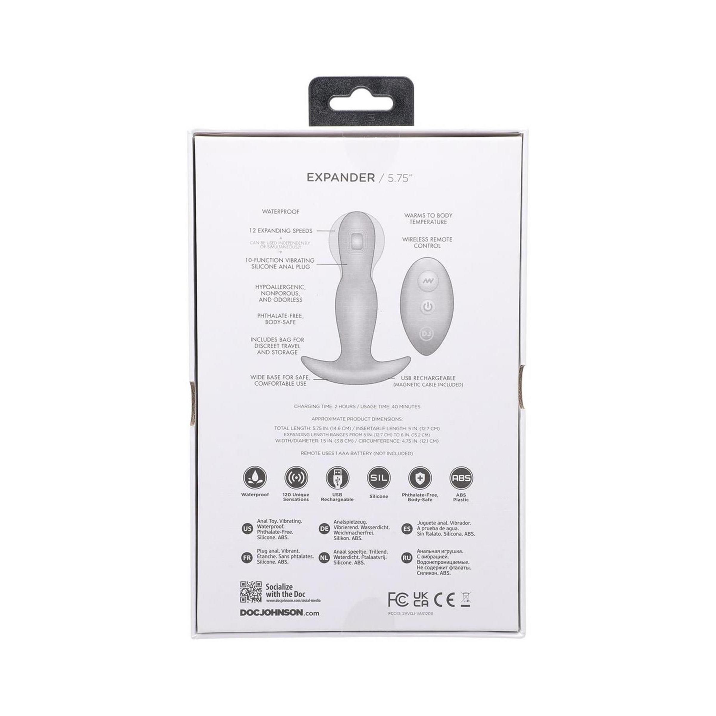 Rückseite der Verpackung. Produktname: EXPANDER / 5.75". Enthält Informationen zu Funktionen und Zertifizierungen.