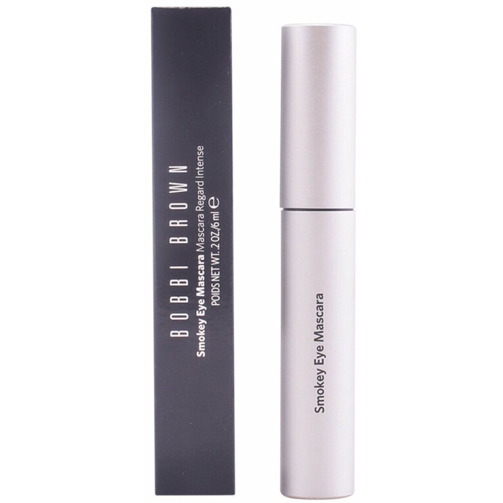 Mascara und Verpackung. Mascara-Tube silberfarben, Schriftzug Smokey Eye Mascara. Schwarze Verpackung mit Schriftzug Bobbi Brown.