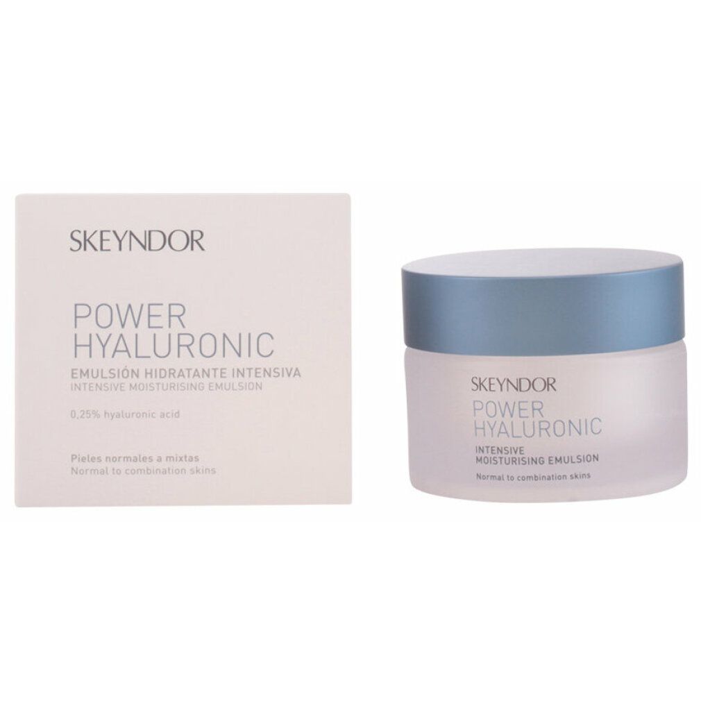 Cremebehälter und Schachtel. Aufschrift: Skeyndor Power Hyaluronic Intensive Moisturising Emulsion. Für normale bis Mischhaut.