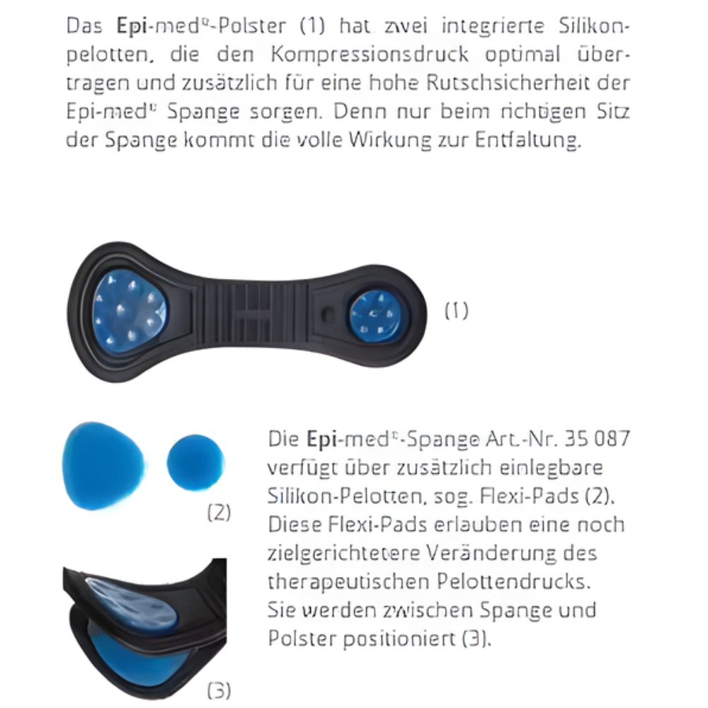 Produktabbildung der Epicondylitis-Orthese mit Silikon-Pelotten und Flexi-Pads. Einzelteile und Zusammenbau werden dargestellt.