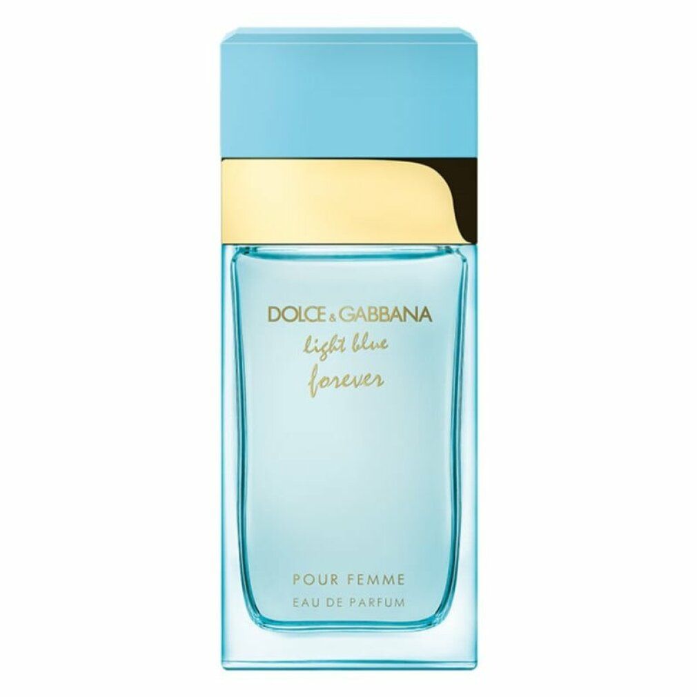 Hellblauer Flakon mit hellblauem Deckel. Goldener Schriftzug: Dolce & Gabbana Light Blue Forever. Pour Femme Eau de Parfum.