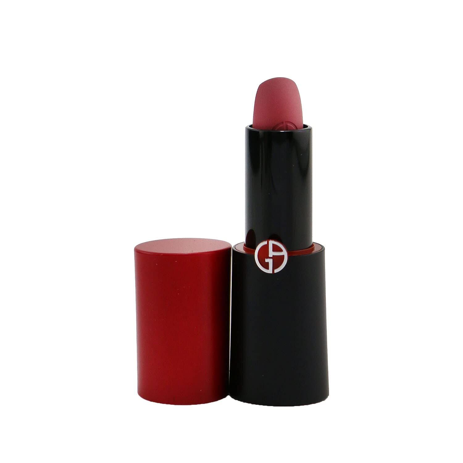 Offener Lippenstift mit schwarzem Gehäuse, roter Kappe. Sichtbar: Lippenstiftstift und Logo.