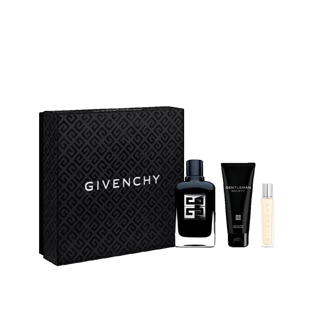 Geschenkset mit Flakon, Duschgel und Zerstäuber. Schwarze Schachtel mit GIVENCHY-Logo.