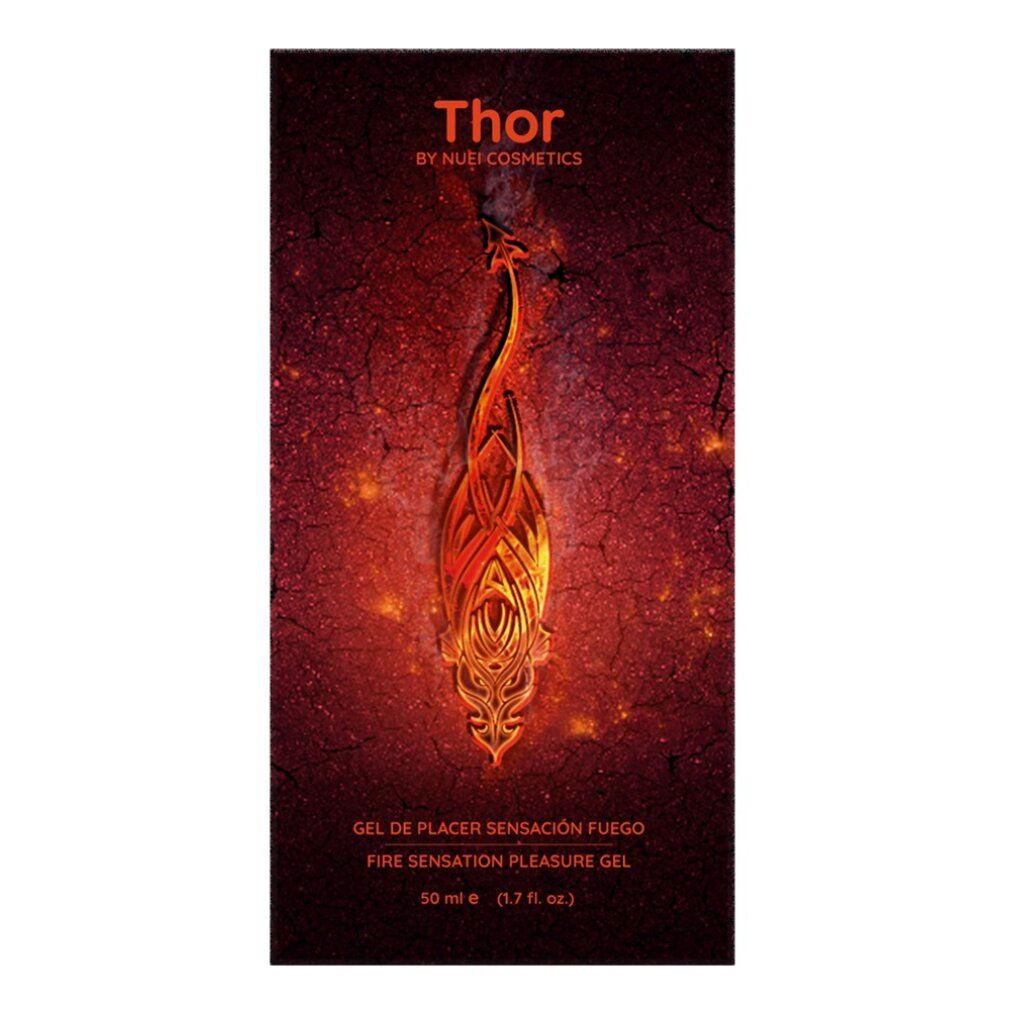 Produktverpackung. Roter Hintergrund mit Flammenmotiv. Aufschrift: THOR, FIRE SENSATION PLEASURE GEL. Marke NUEI COSMETICS.
