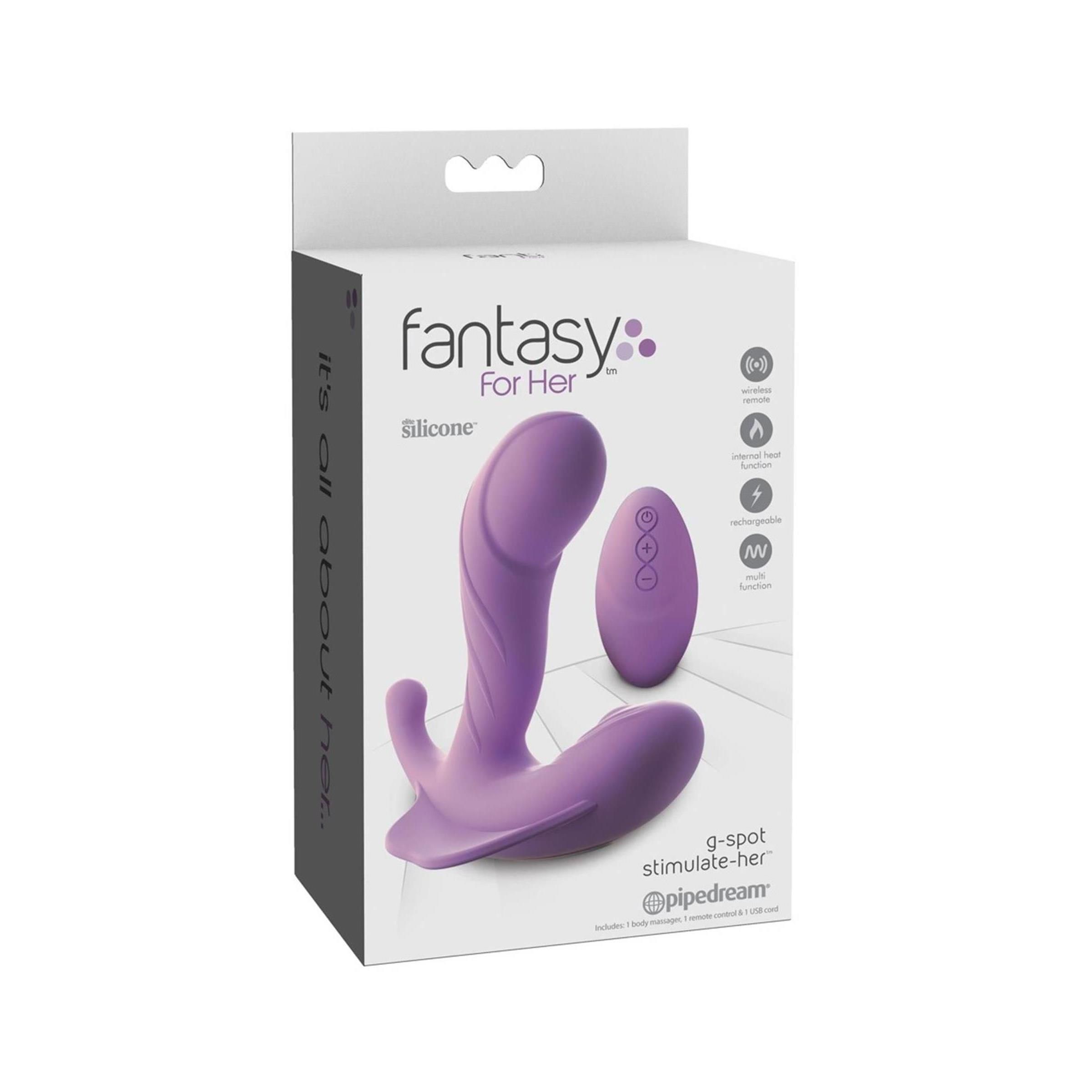 Verpackung mit lila Wellness-Produkt und Fernbedienung. Text: Fantasy For Her, 9-spot stimulate-her.