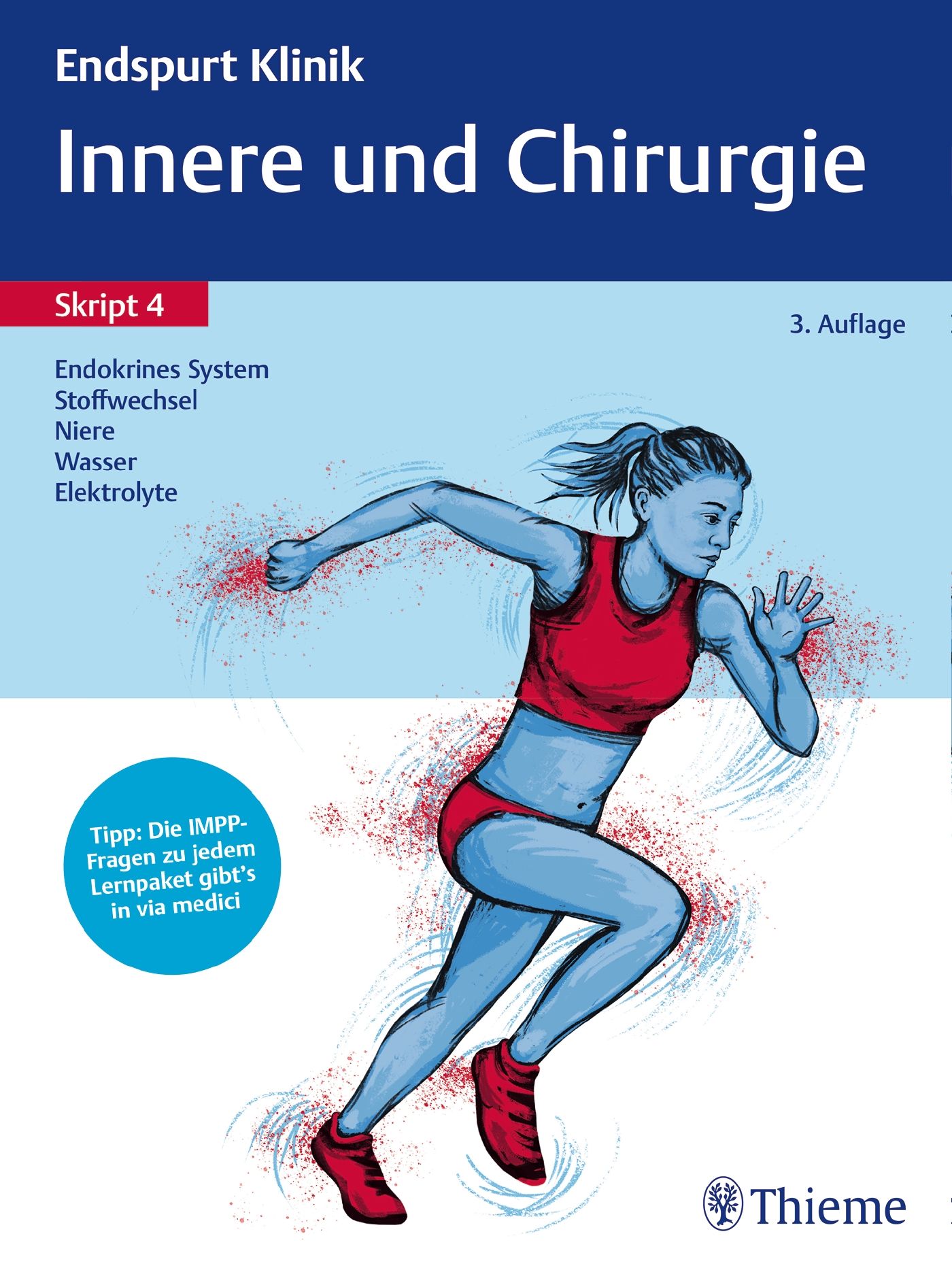 Buchcover: Endspurt Klinik Skript 4. Titel: Innere und Chirurgie. Abbildung einer laufenden Frau. Enthält Fachbegriffe wie Endokrines System.