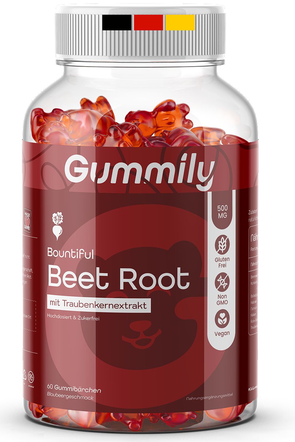 Klare Flasche mit roten Gummibärchen. Aufkleber mit "Gummily", "Beet Root", 500 MG, Glutenfrei, Non-GMO, Vegan. Deckel mit Deutschland-Flagge.