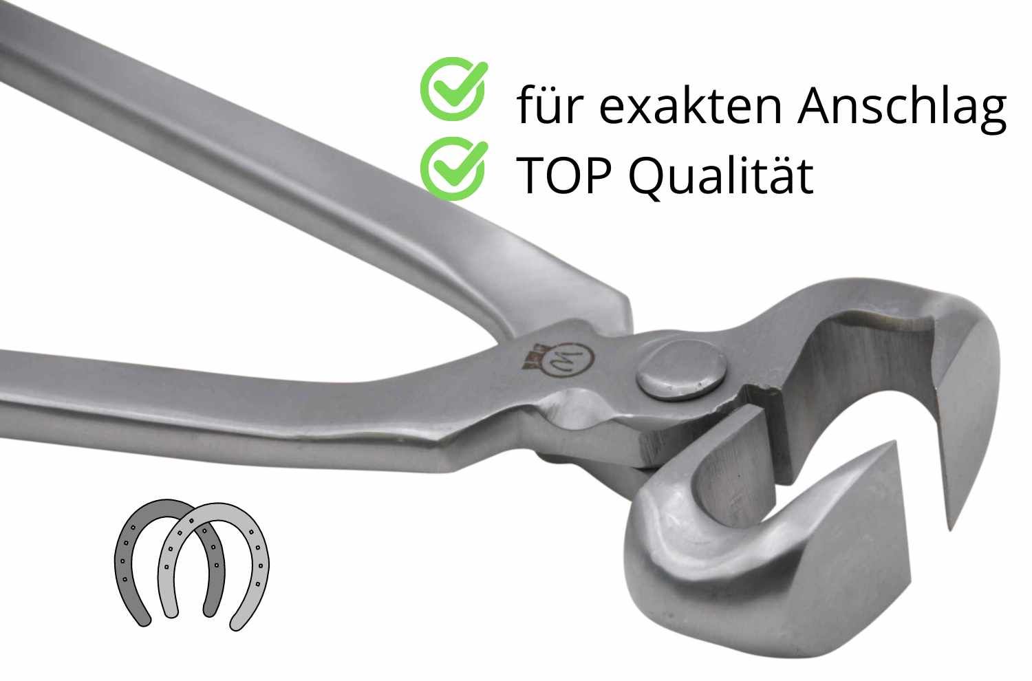 Nahaufnahme einer Waldhausen Hufschneidezange aus Metall. Auf dem Werkzeug sind zwei grüne Häkchen und Text zu sehen: "für exakten Anschlag" und "TOP Qualität". Zwei Hufeisen sind abgebildet.