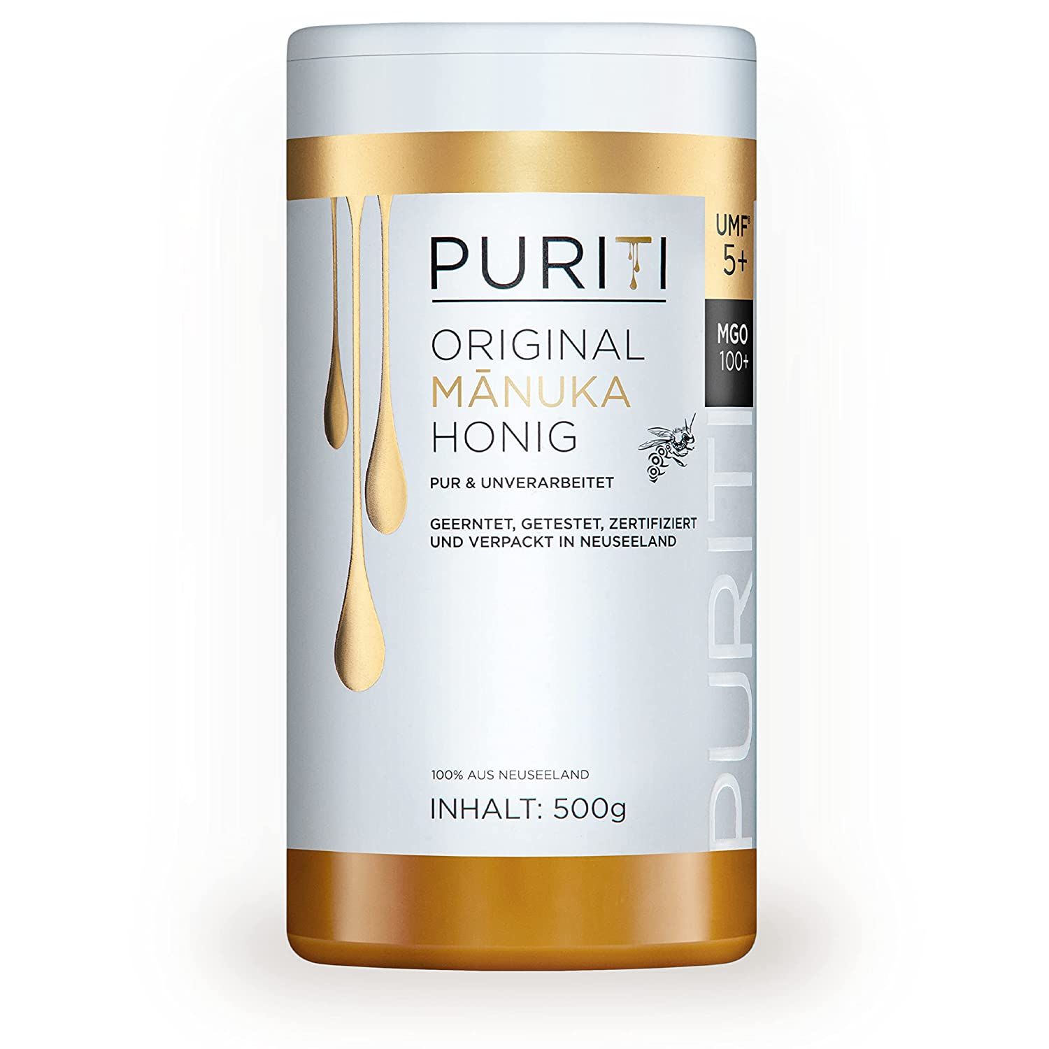 Zylindrische Dose mit Honig. Aufschrift: PURITI Original Manuka Honig. Goldfarbene Tropfen. Zertifiziert.
