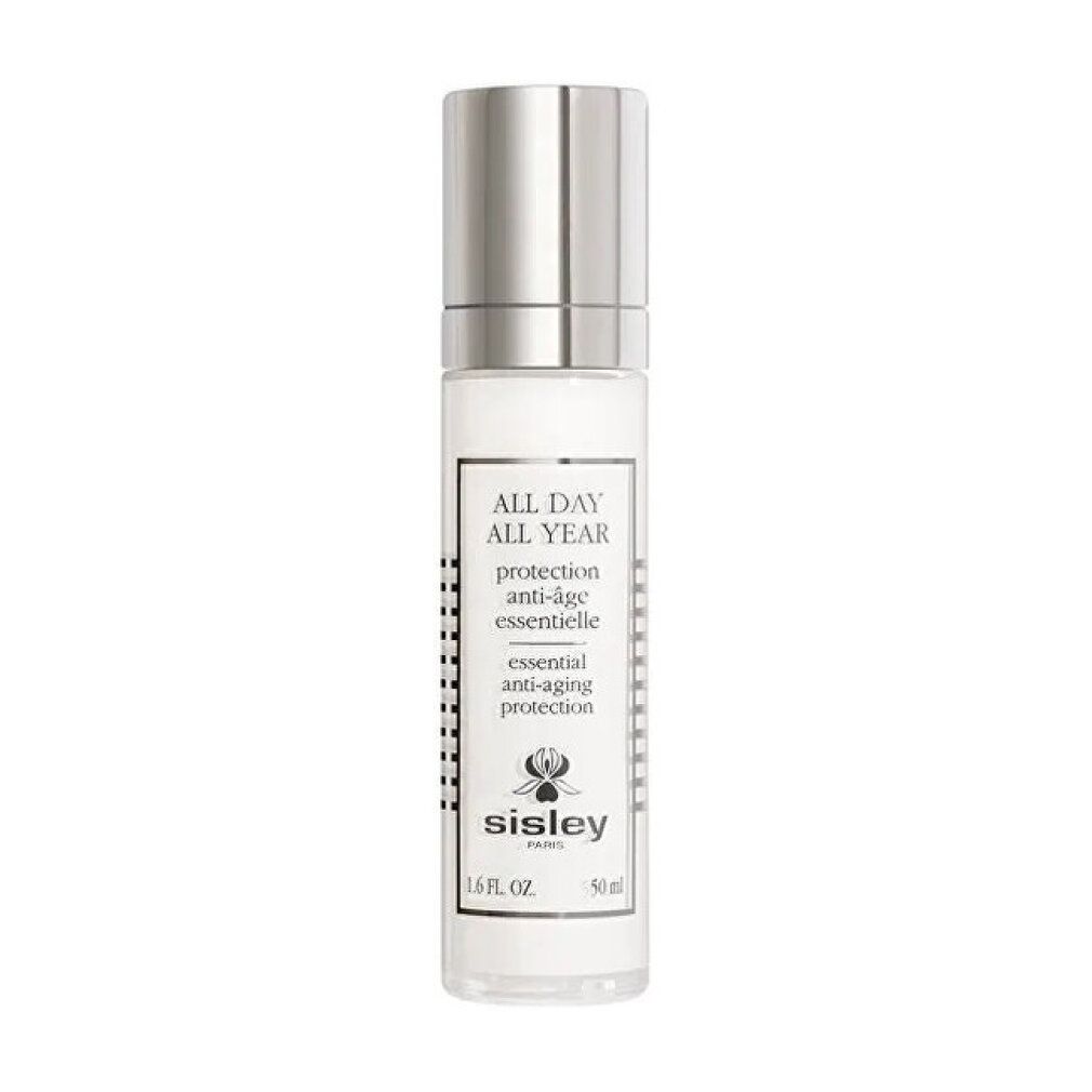 Creme-Flakon mit silbernem Deckel. Aufschrift: ALL DAY ALL YEAR, protection anti-âge essentielle, essential anti-aging protection. Marke: Sisley.