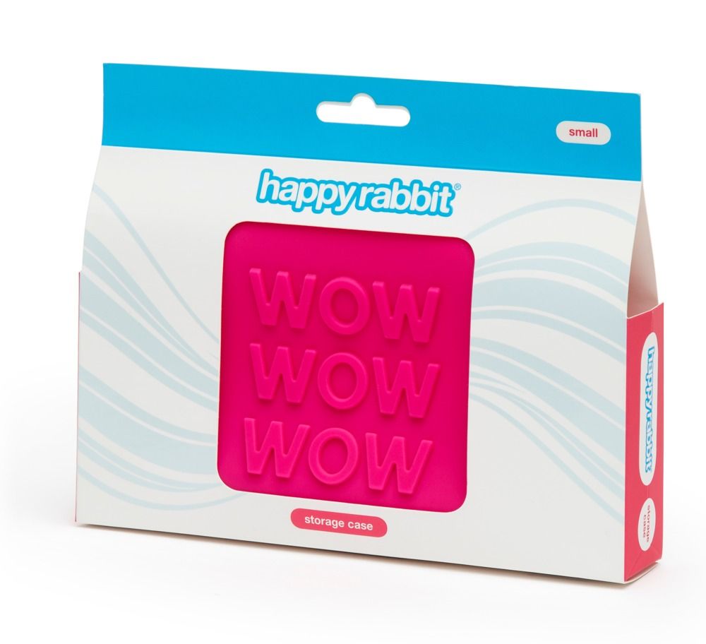 Kleine, leuchtend pinke Aufbewahrungsbox mit der Aufschrift 'WOW WOW WOW'.