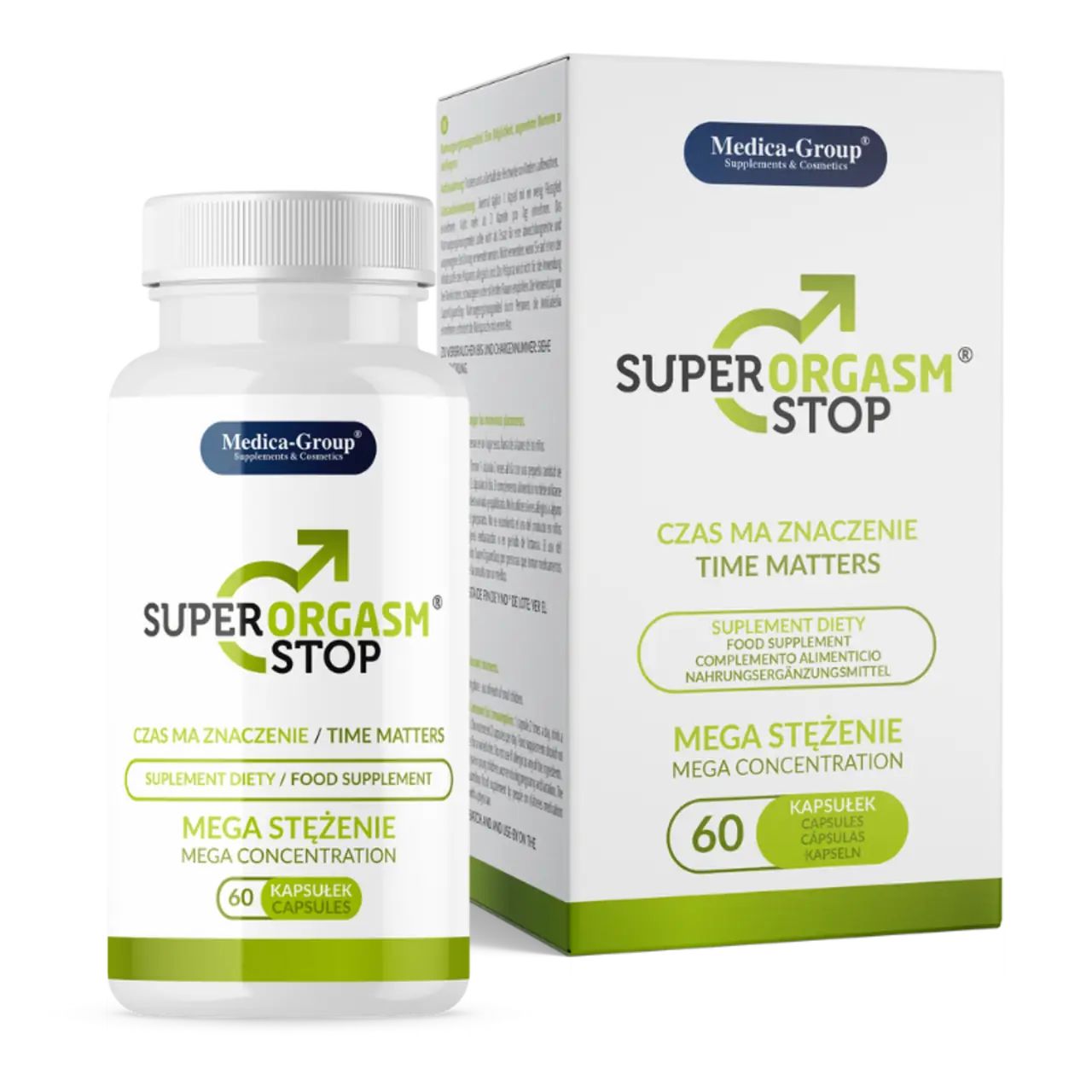 Weiße Kapsel-Flasche und Schachtel. Aufschrift: Super Orgasm Stop, 60 Kapseln, Medica-Group. Grün-weiße Verpackung.