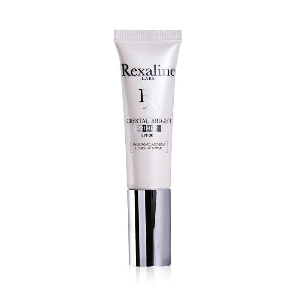 Weißer Creme-Tube mit Rexaline-Logo und Crystal Bright Primer SPF30. Enthält Hyaluronsäure und Vitamin C.