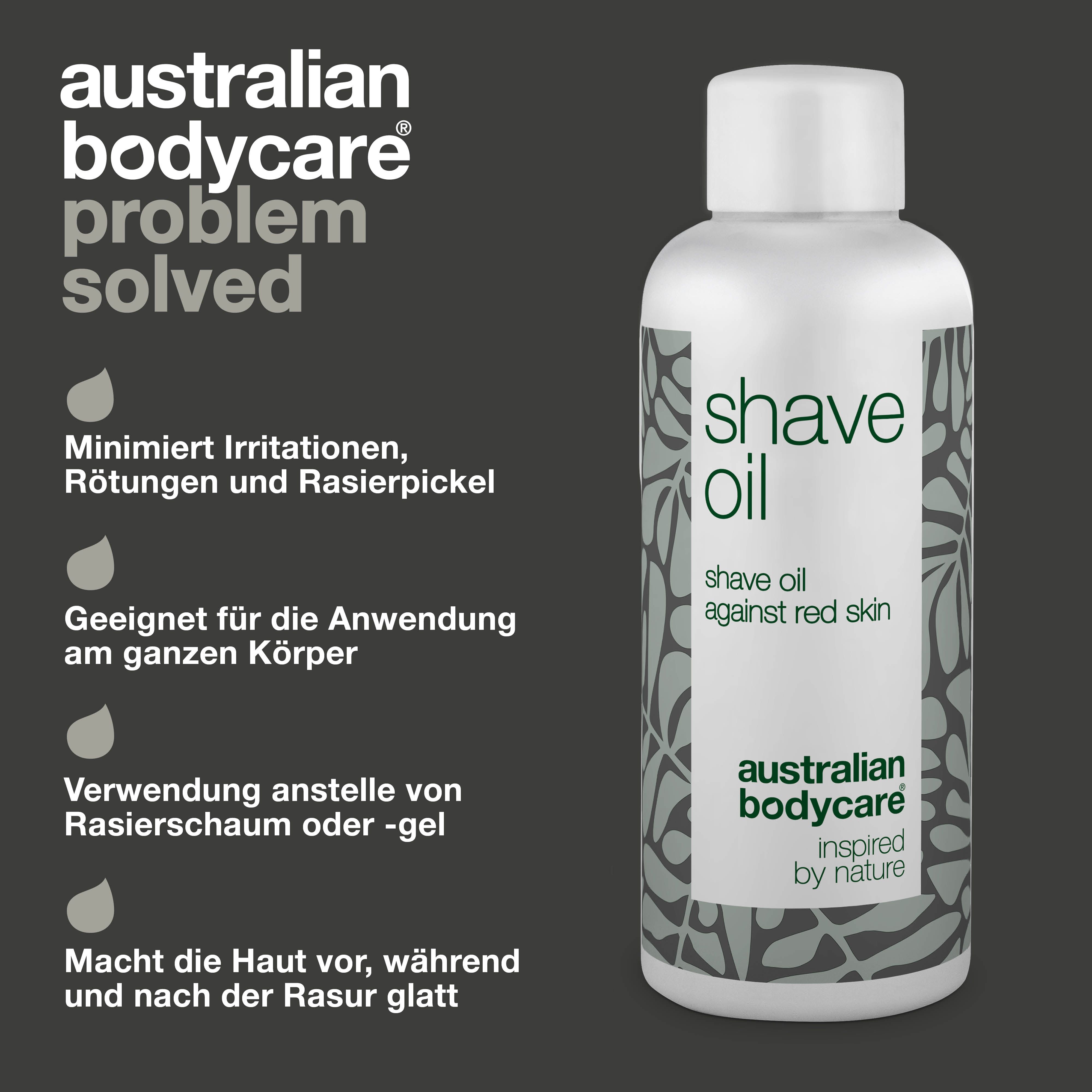 Flasche „Shave Oil“. Text: Minimiert Irritationen, Rötungen und Rasierpickel. Geeignet für den Körper.