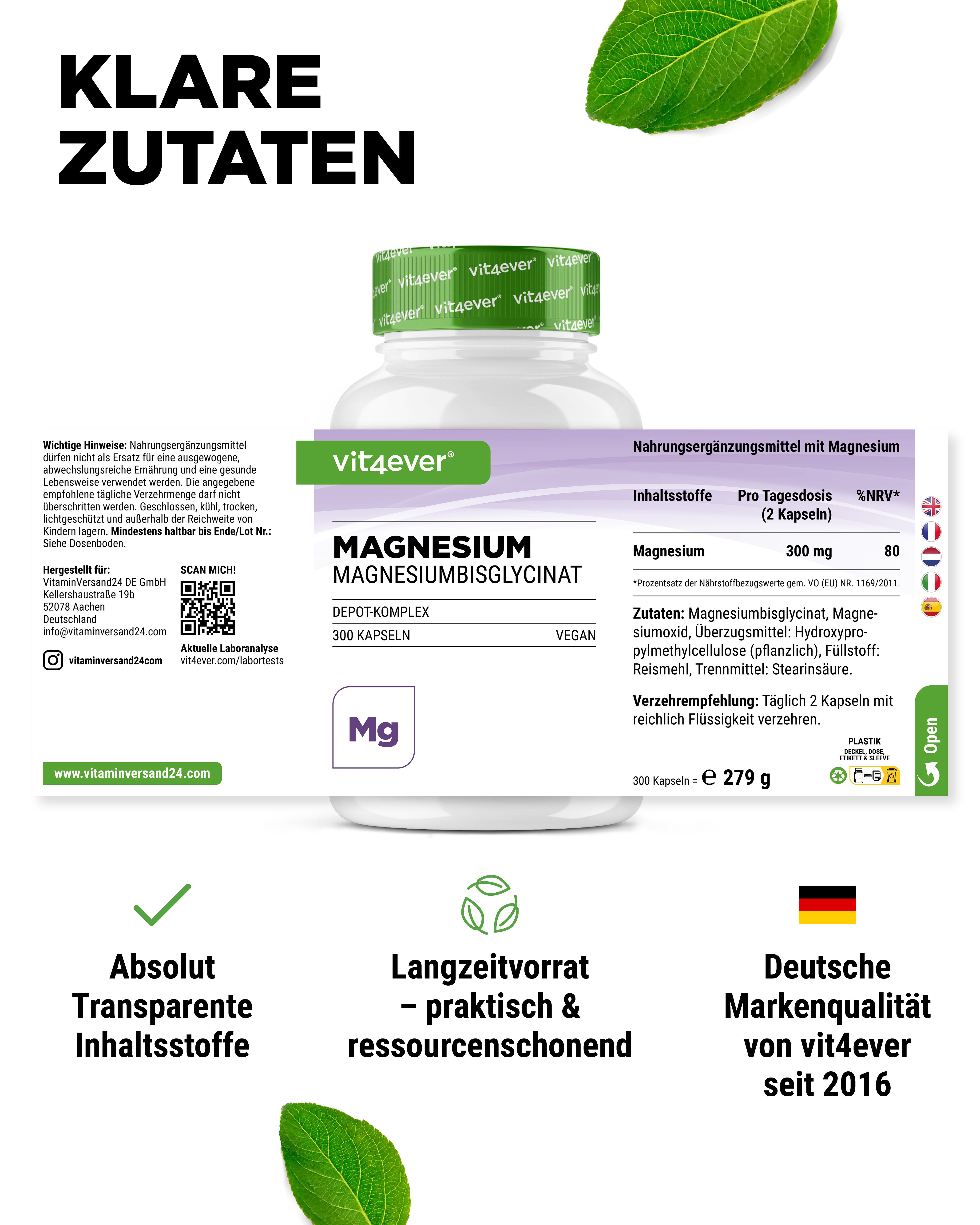 Vit4ever Magnesiumbisglycinat: Klare Zutatenliste, 300 mg Magnesium pro Tagesdosis. Deutsche Markenqualität.