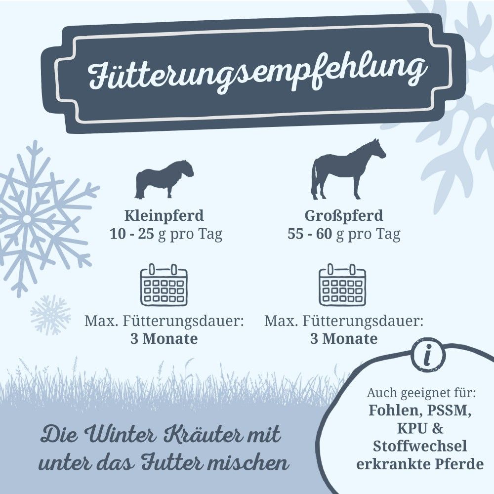 Infografik mit Fütterungsempfehlung für Klein- und Großpferde. Text: Die Winter Kräuter mit unter das Futter mischen.