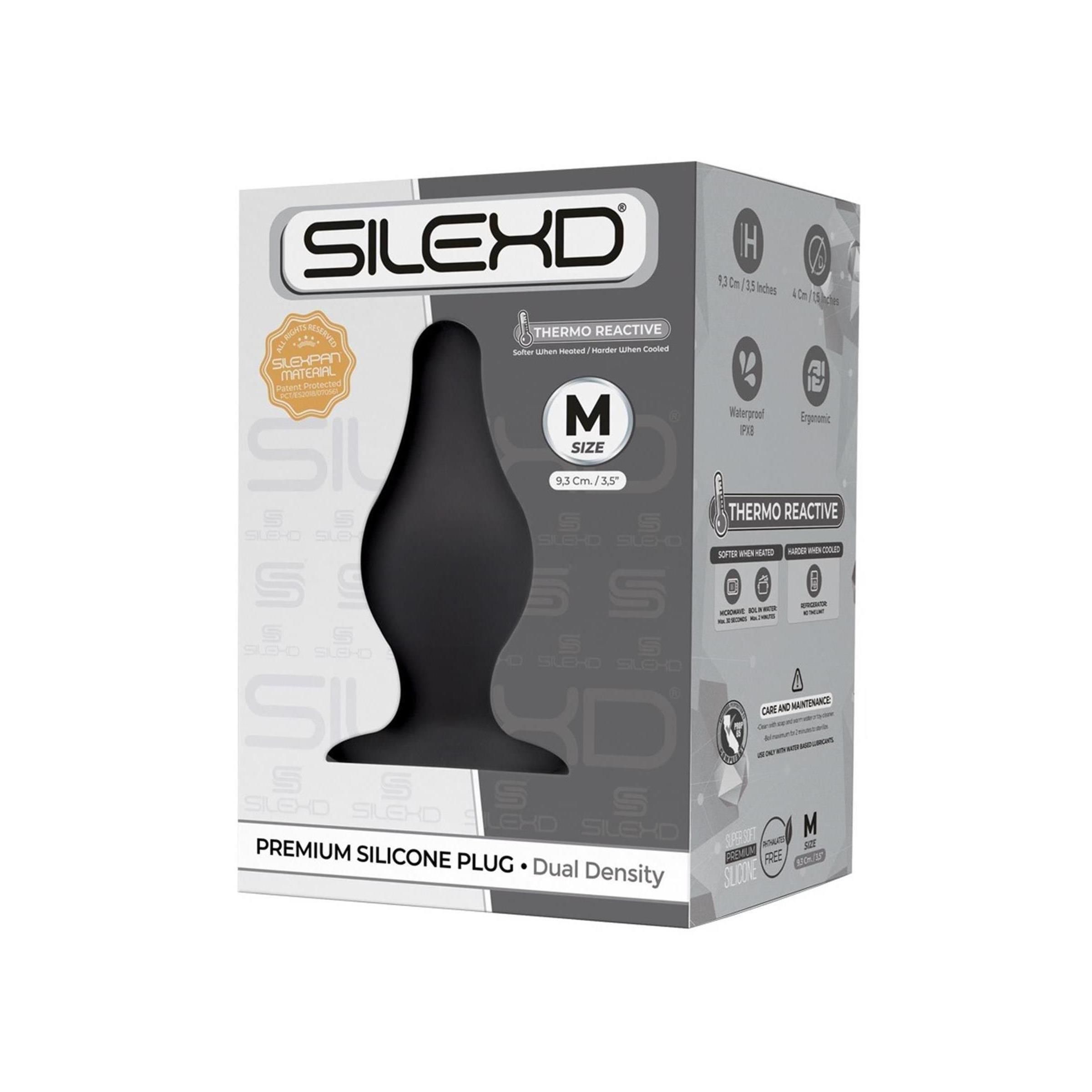Verpackung mit schwarzem Analplug. Marke Silexd, Größe M. Thermo Reactive.