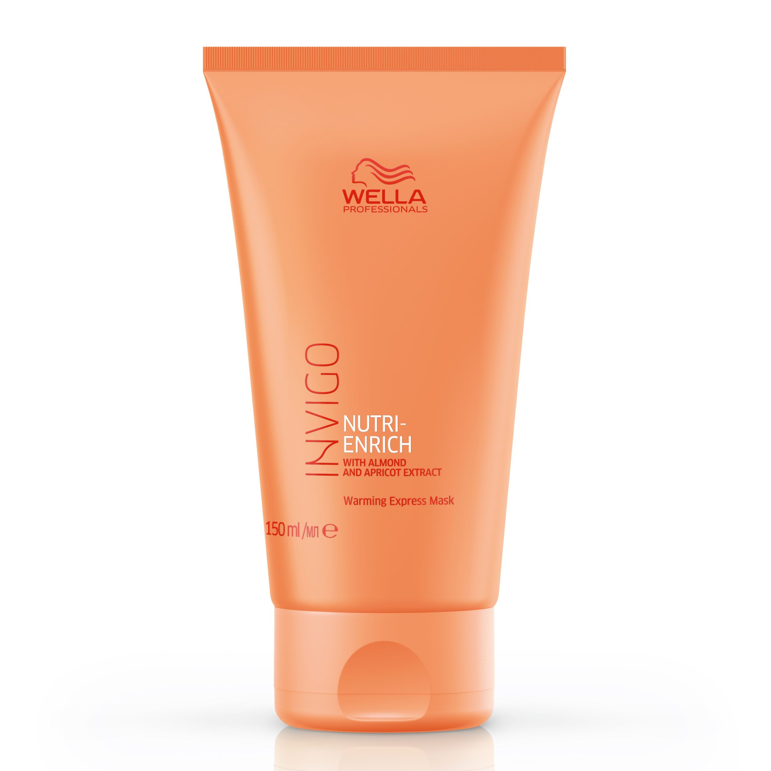 Beige Tube mit Schriftzug INVIGO, Nutri-Enrich, Warming Express Mask. Wella Logo. 150ml.