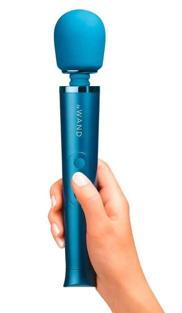 Blauer Vibrator in einer Hand gehalten. Der Schriftzug "Le Wand" ist sichtbar. Zwei Knöpfe sind zu sehen.