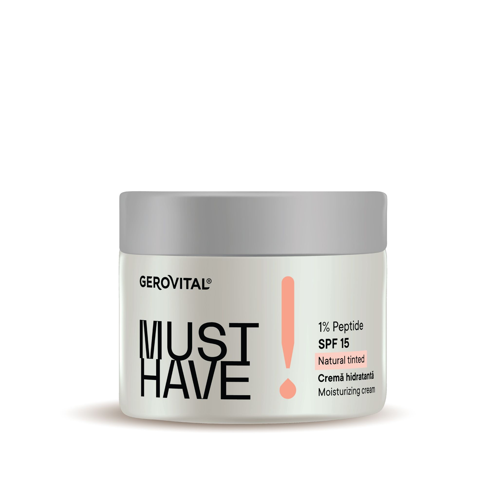 Creme-Tiegel mit silbernem Deckel. Aufschrift: MUST HAVE, 1% Peptid, SPF 15, Natural tinted, Creme hidratantă, Moisturizing cream.