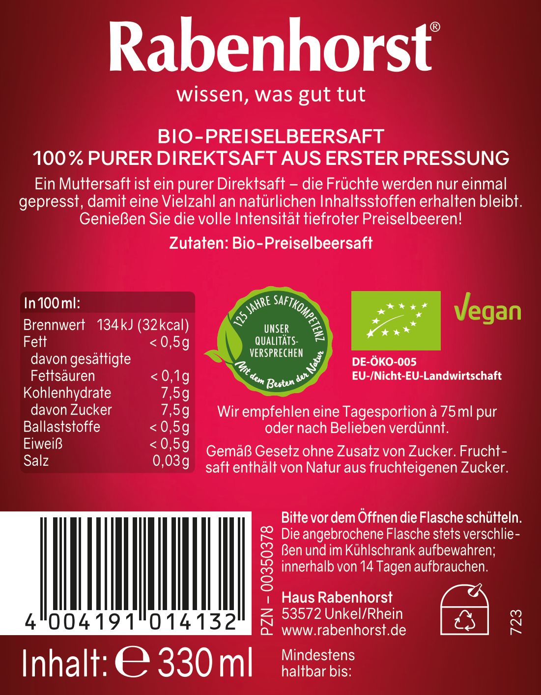 Rabenhorst Preiselbeere Muttersaft BIO 6x330 ml Saft