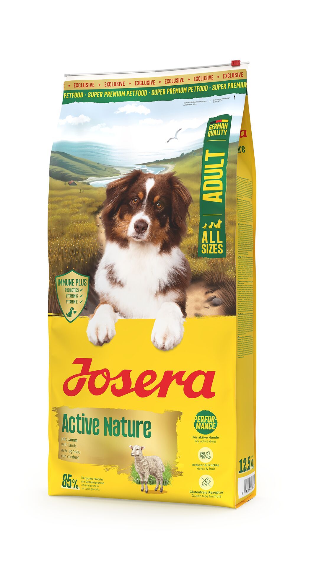 Gelbe Verpackung mit Hund und Produktnamen JOSERA Adult Active Nature. Enthält Informationen zu Inhaltsstoffen und Qualität.