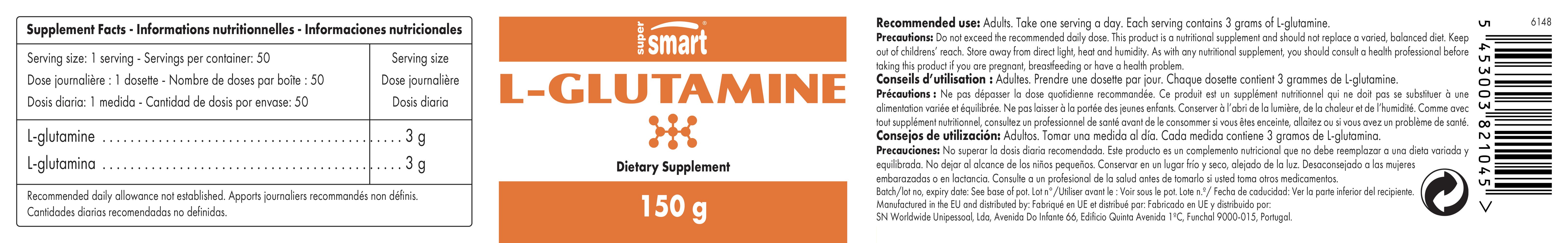 Etikett mit Produktinformationen. Text: L-Glutamin, 150 g. Nährwertangaben. SuperSmart.