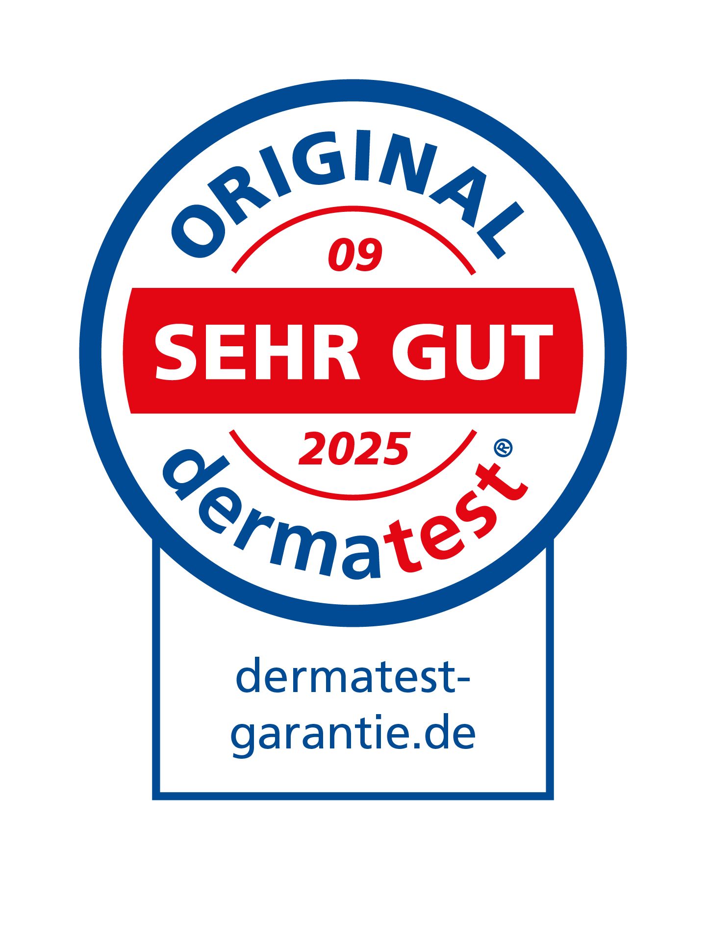 Rundes Siegel mit Aufschrift: ORIGINAL, SEHR GUT, dermatest, 2025. Text: dermatest-garantie.de.