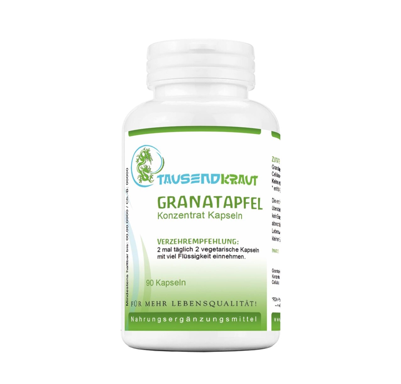 Weiße Flasche mit Kapseln. Aufschrift: Tausendkraut Granatapfel Konzentrat Kapseln. 90 Kapseln. Nahrungsergänzungsmittel.