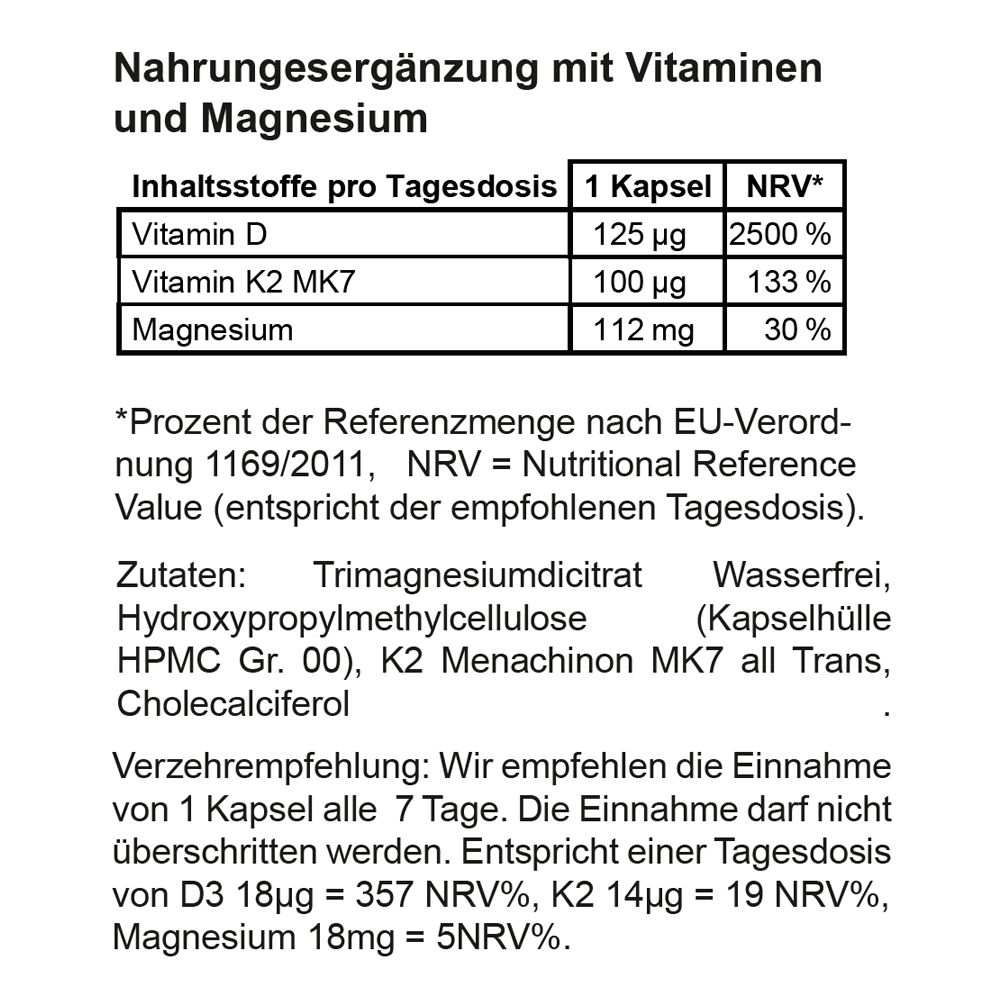 Nährwerttabelle für NUI Vitamin D3&K2 mit Magnesium. Enthält Vitamin D, K2 und Magnesium. Angaben pro Kapsel und Nährwertreferenz.