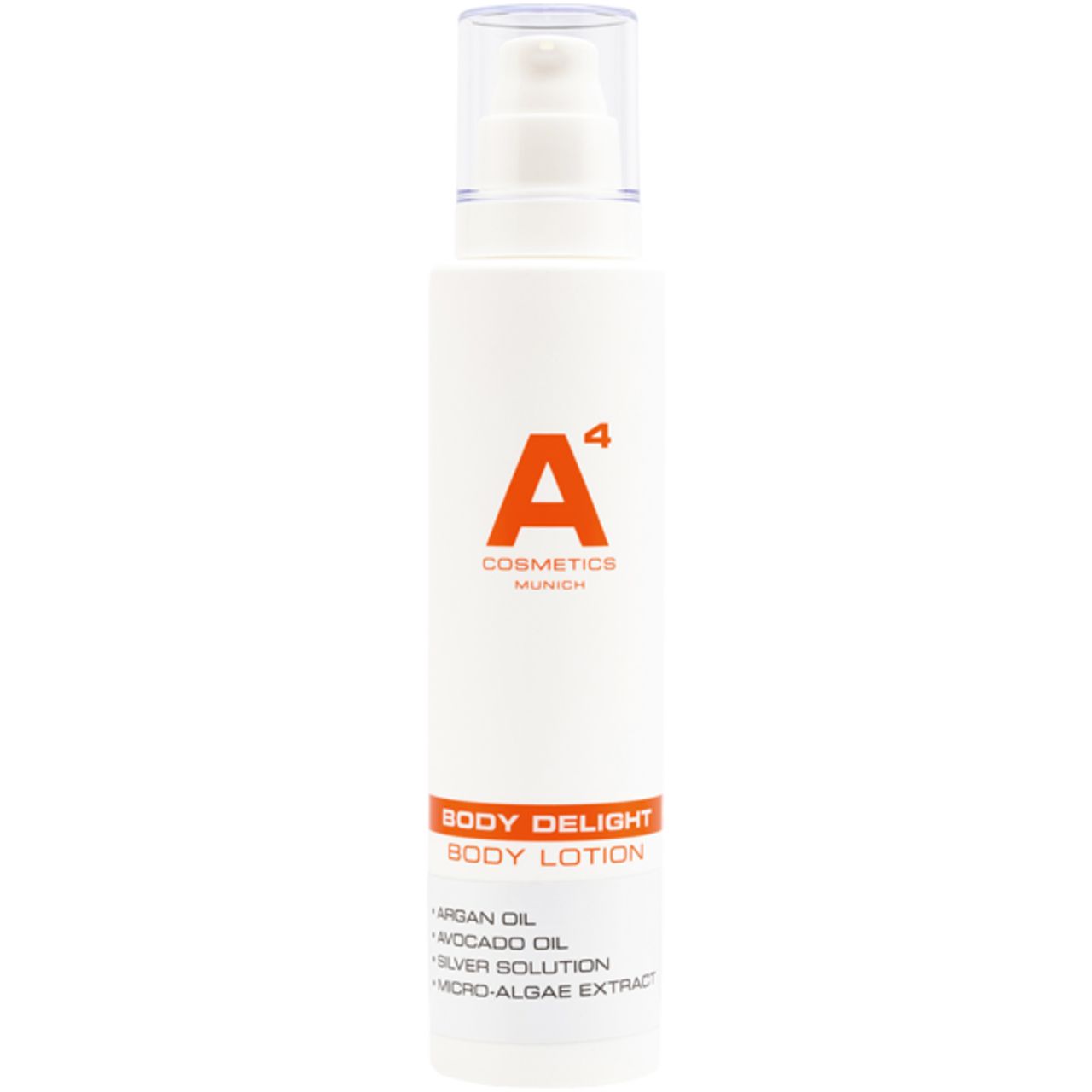 Weiße Lotionflasche mit orangefarbenem Logo und Text. Produktname: Body Delight Body Lotion. Enthält Arganöl, Avocadoöl, Silberlösung.
