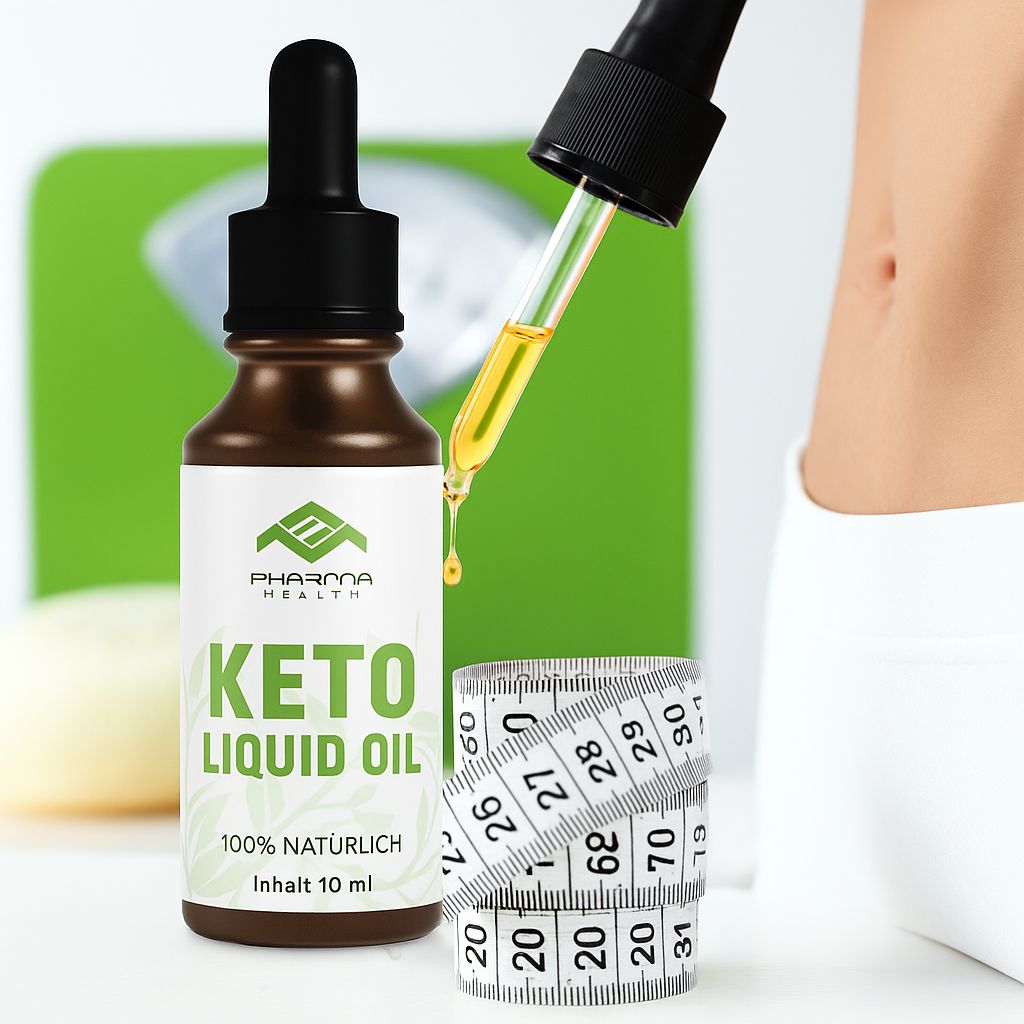Braune Flasche mit Tropfer, daneben Maßband und Tropfen Öl. Aufschrift: Pharma Health, Keto Liquid Oil, 100% natürlich, 10 ml.
