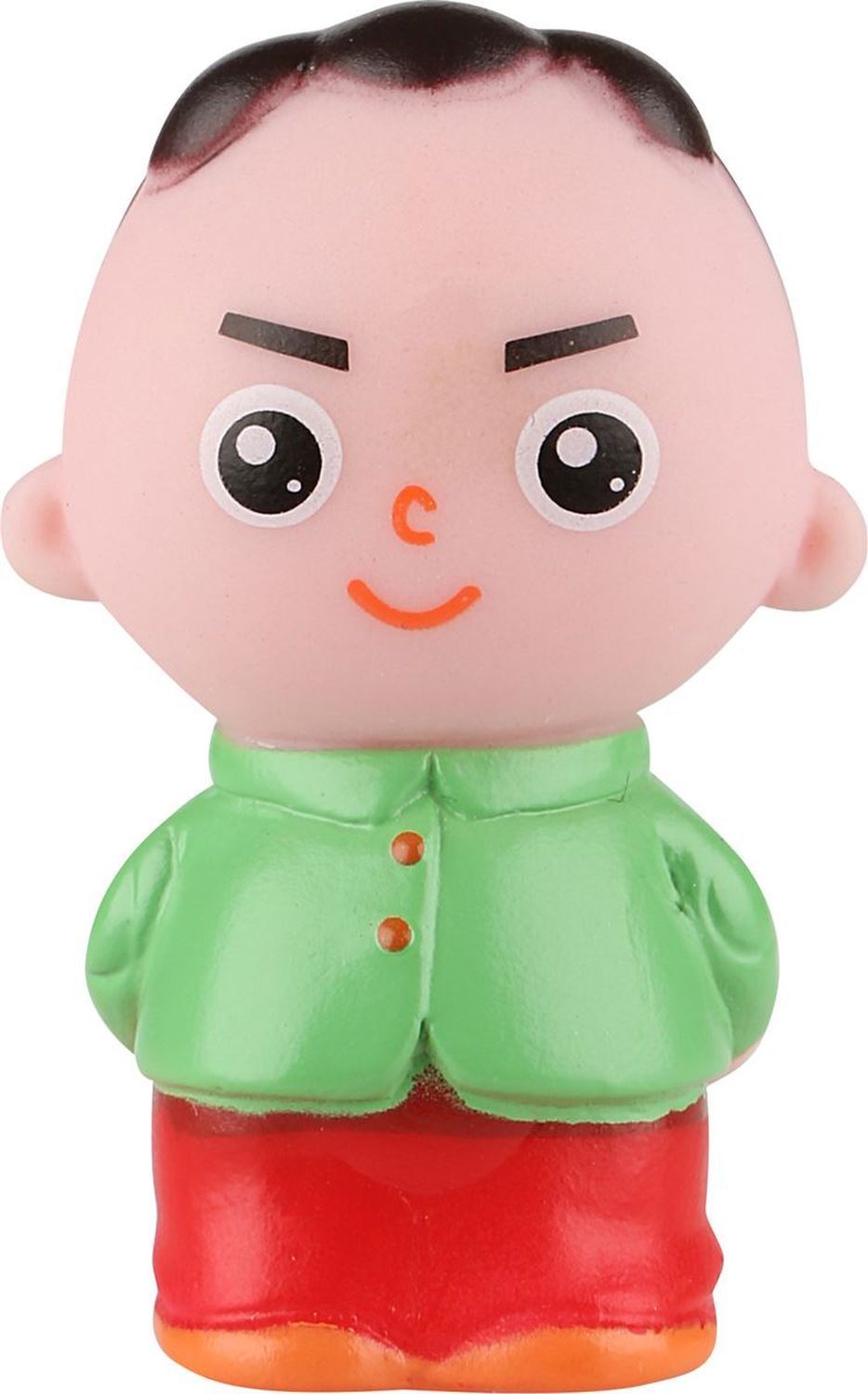 Fingerpuppe, Junge. Grünes Jackett, rote Hose. Gesicht mit Augen, Nase und Mund. Schwarze Haare.