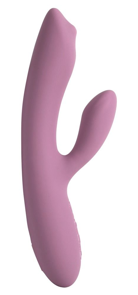 Rosa Vibrator mit gebogener Form. Zwei Enden, eines gebogen, das andere länglich.