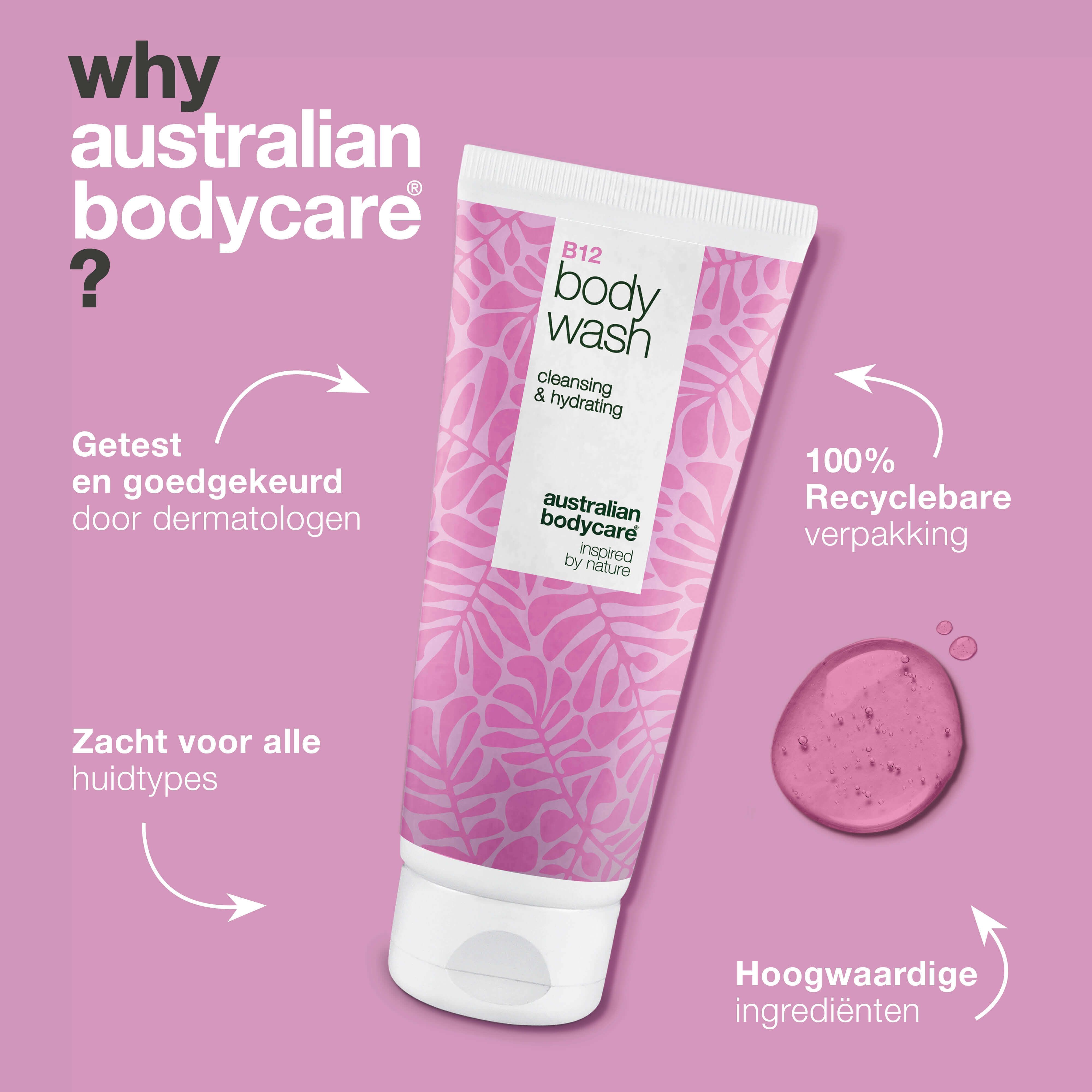 Tekst: Why Australian Bodycare? Tube B12 body wash. Tekst: dermatologisch getest, 100% recyclebare verpakking, voor alle huidtypes, hoogwaardige ingrediënten.