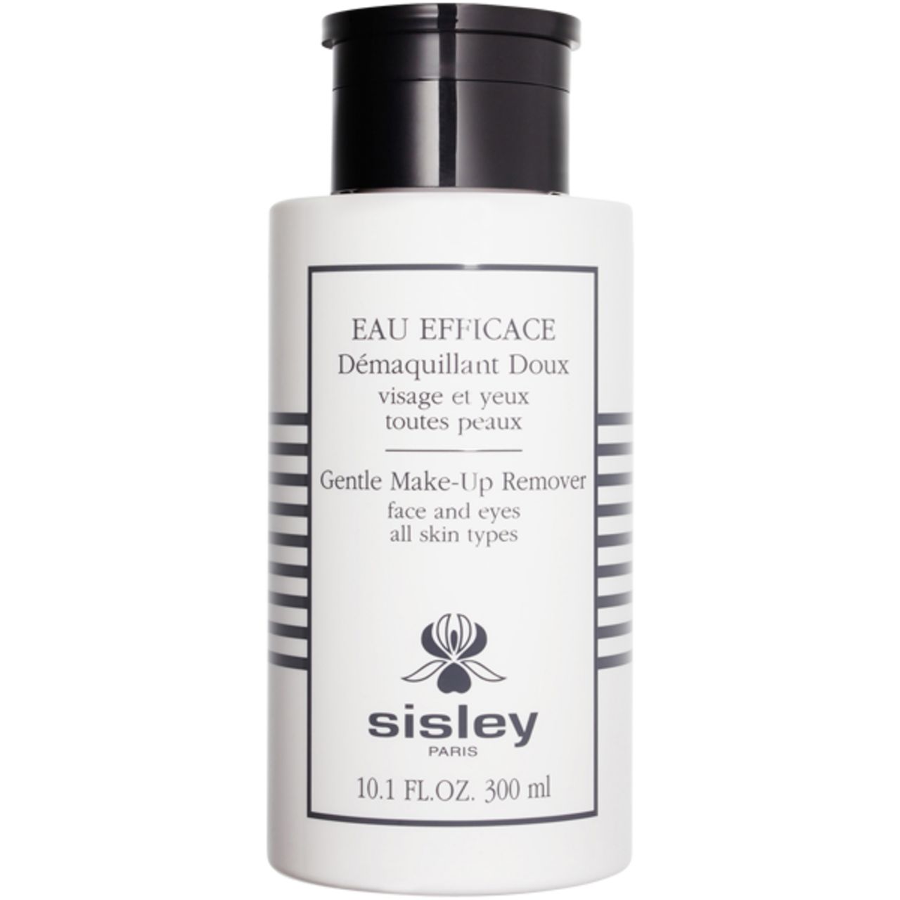Weiße Flasche mit schwarzem Deckel. Aufschrift: Eau Efficace, Gentle Make-Up Remover, Sisley. 300 ml.